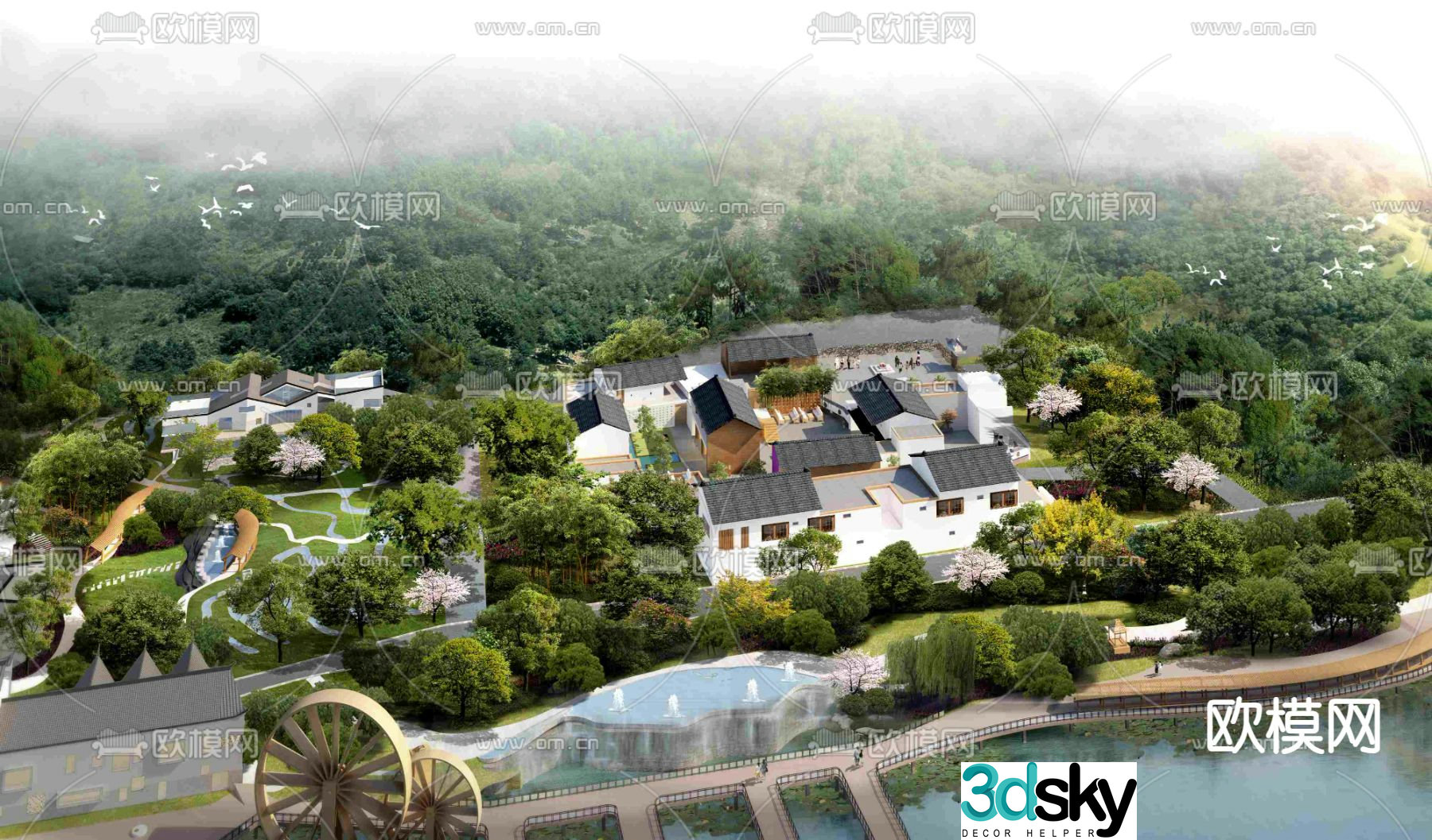 Modern bed and breakfast bird’s eye view planning 3d model