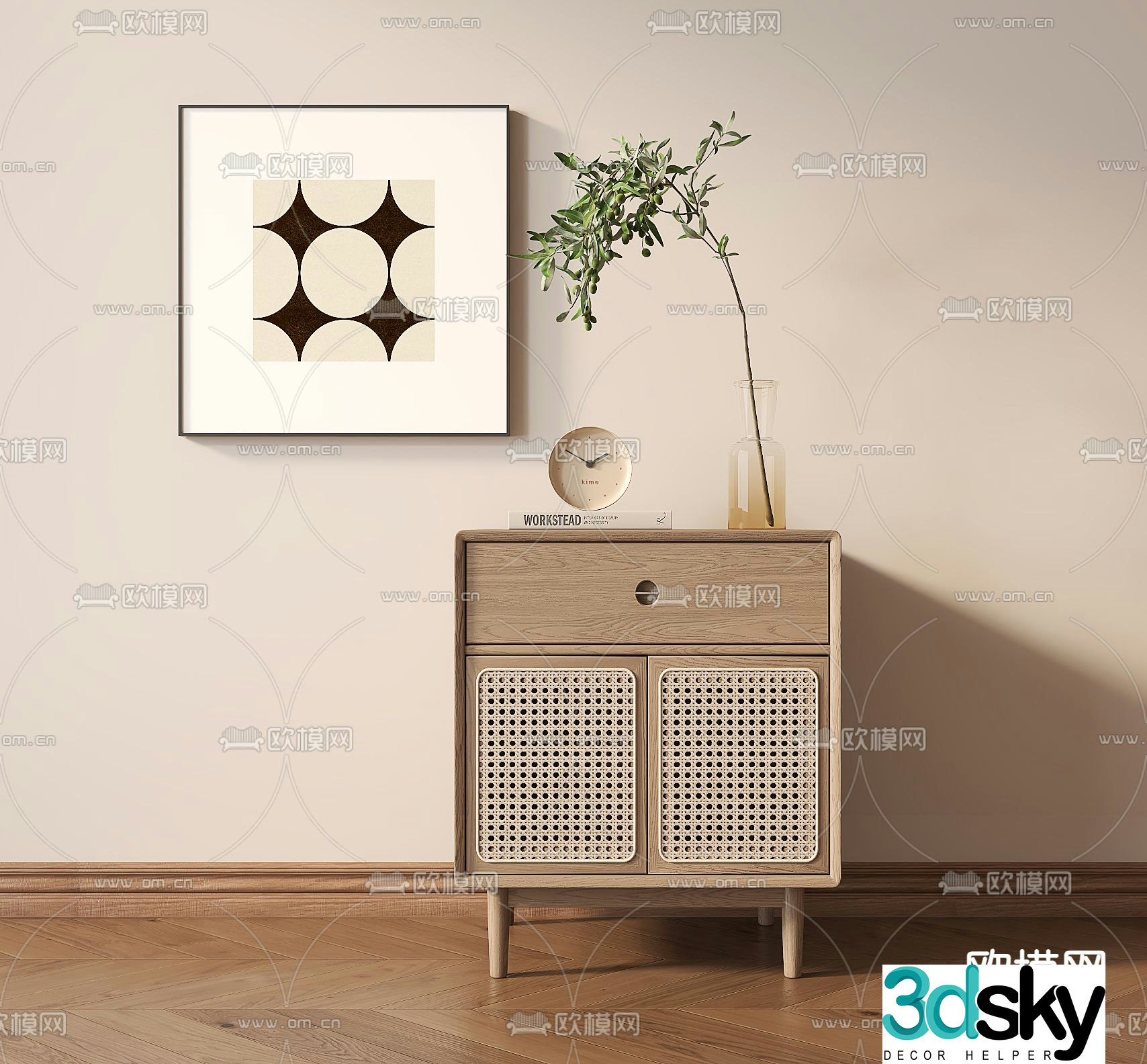Nordic rattan cabinet bedside table 3d model