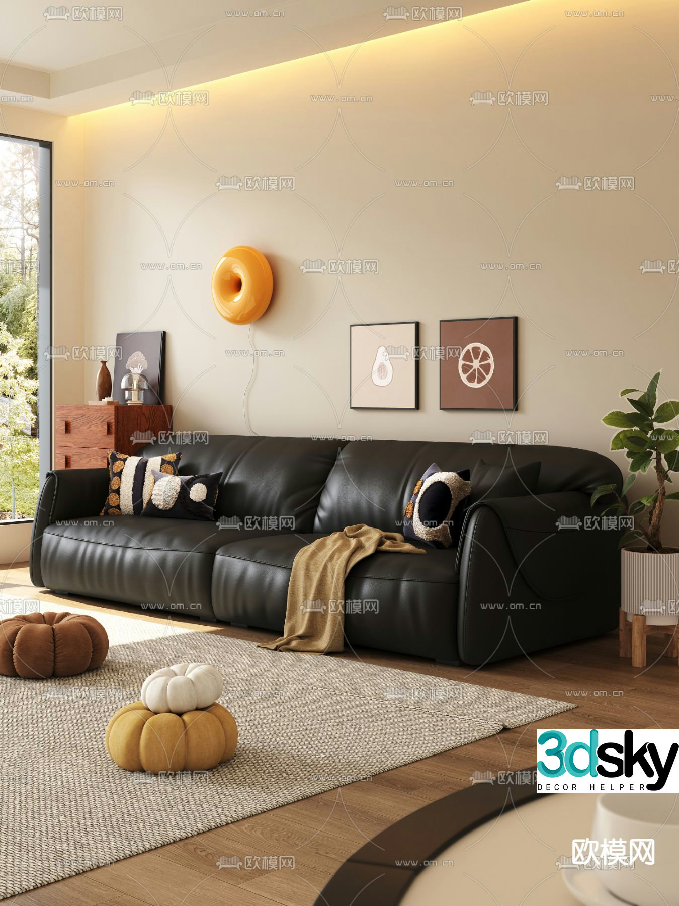 Double sofa leather sofa 3d model