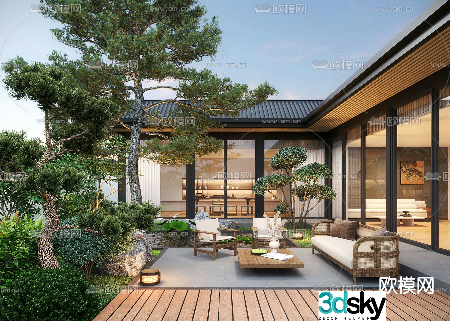 New Chinese style villa courtyard courtyard landscape 3D model