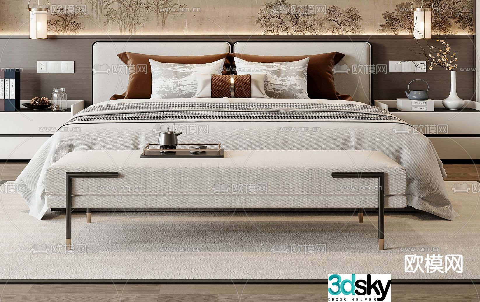 New Chinese style double bed 3d model