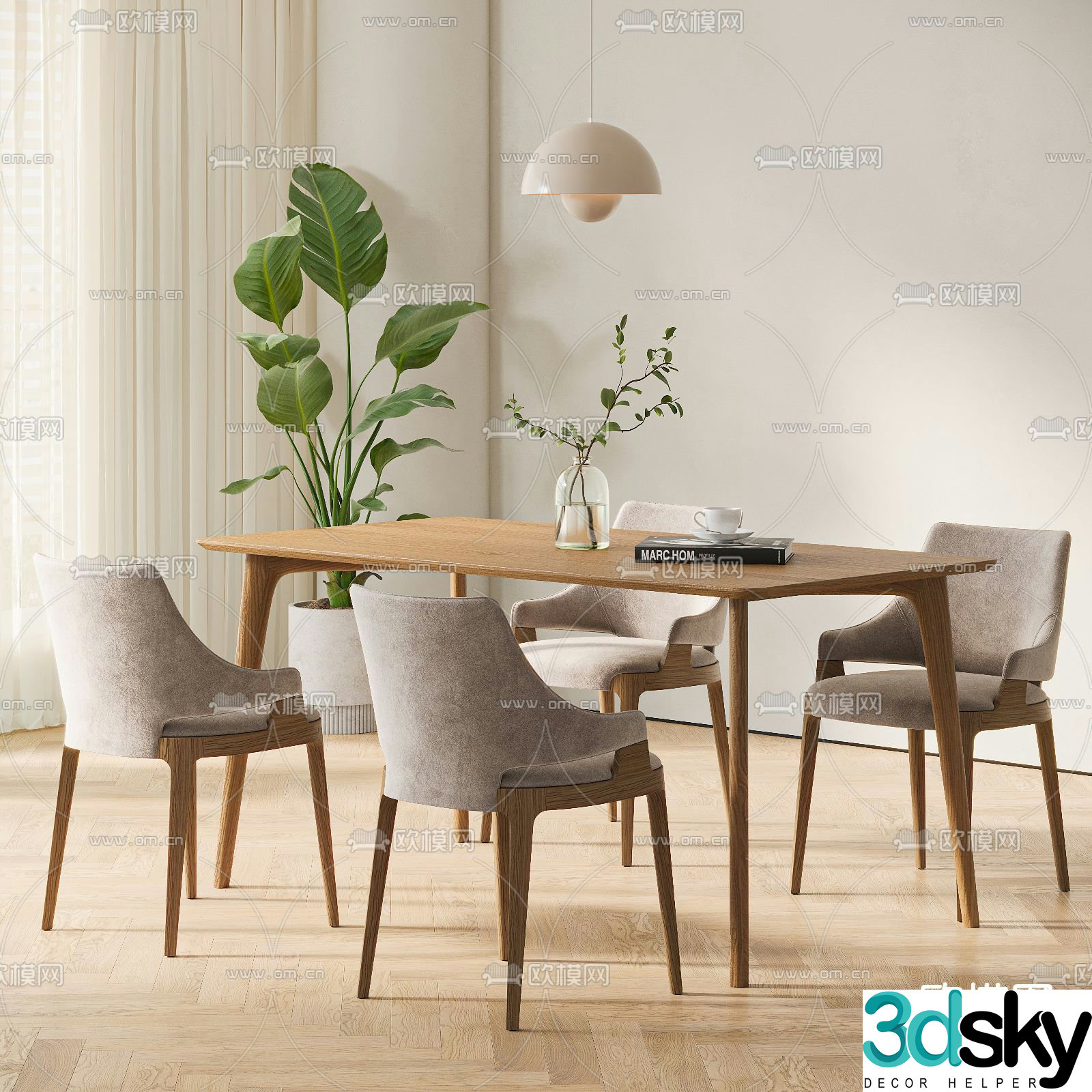 Cream style dining table and chairs 3d model