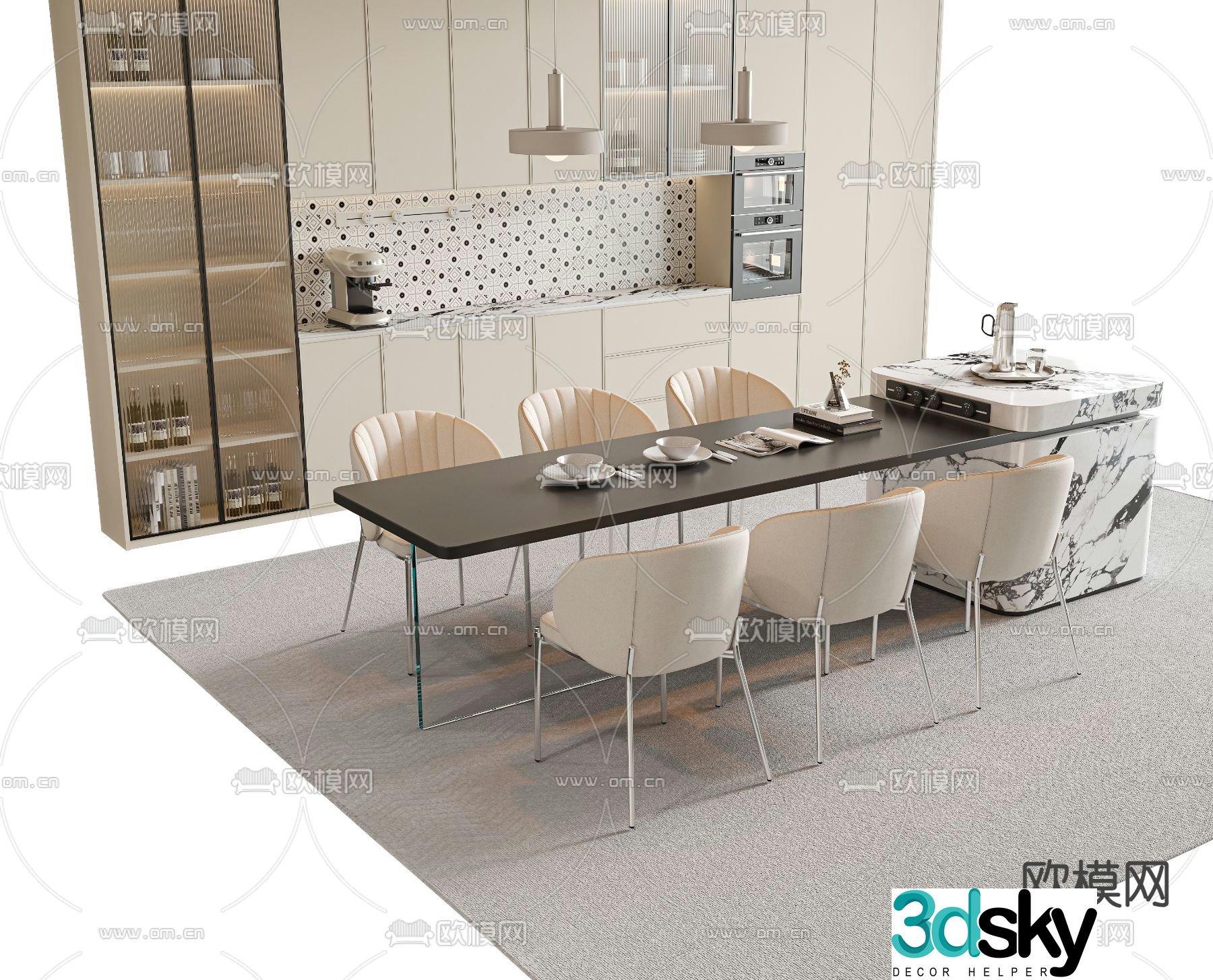 Island dining table and chairs 3d model