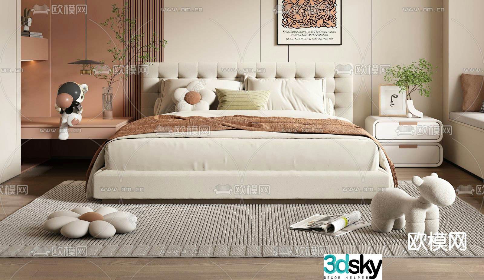 Cream style double bed 3d model