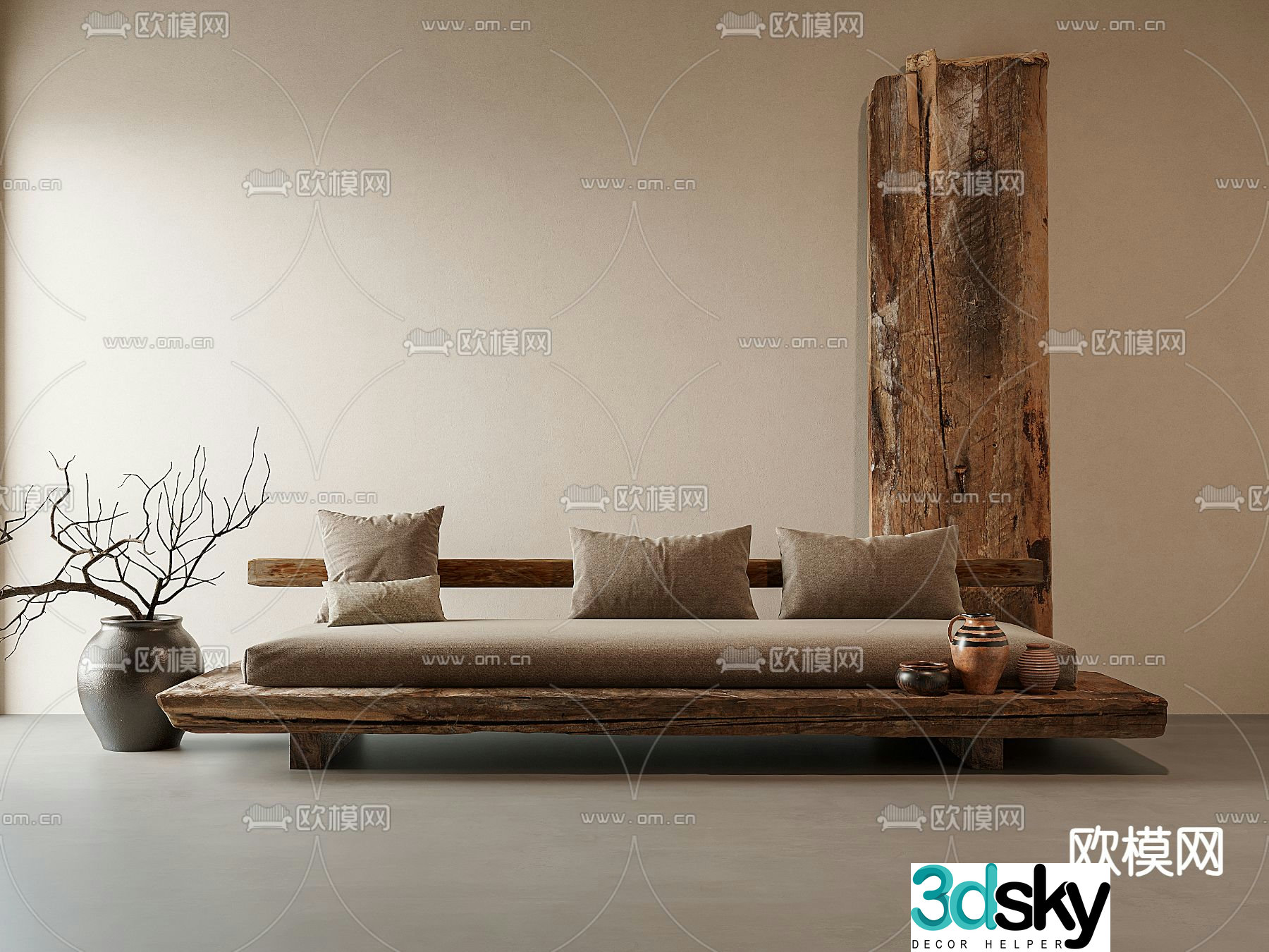 Wabi-sabi style three-seat sofa 3D model