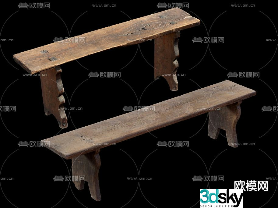 Long wooden bench long bench 3d model