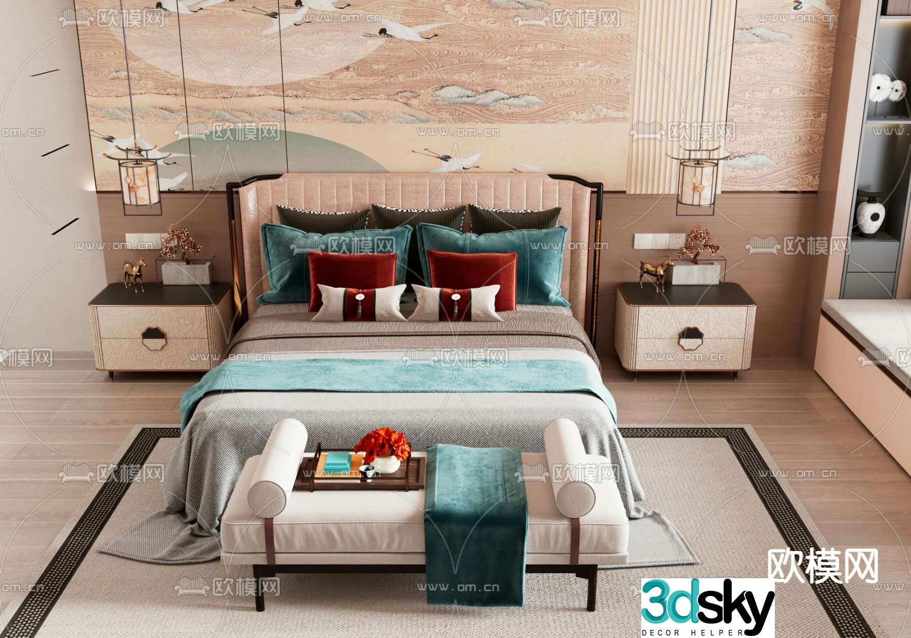 New Chinese style double bed 3d model