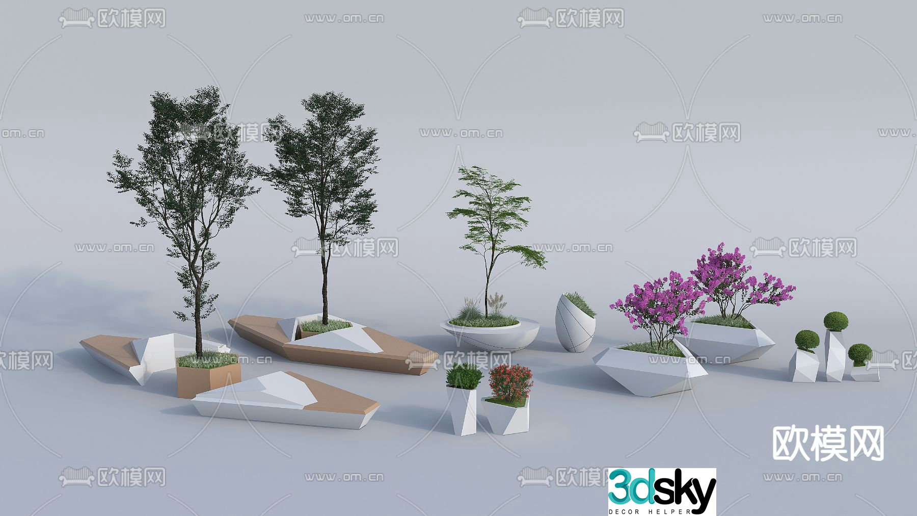 Outdoor flower bed tree pool chair landscape green plant 3D model