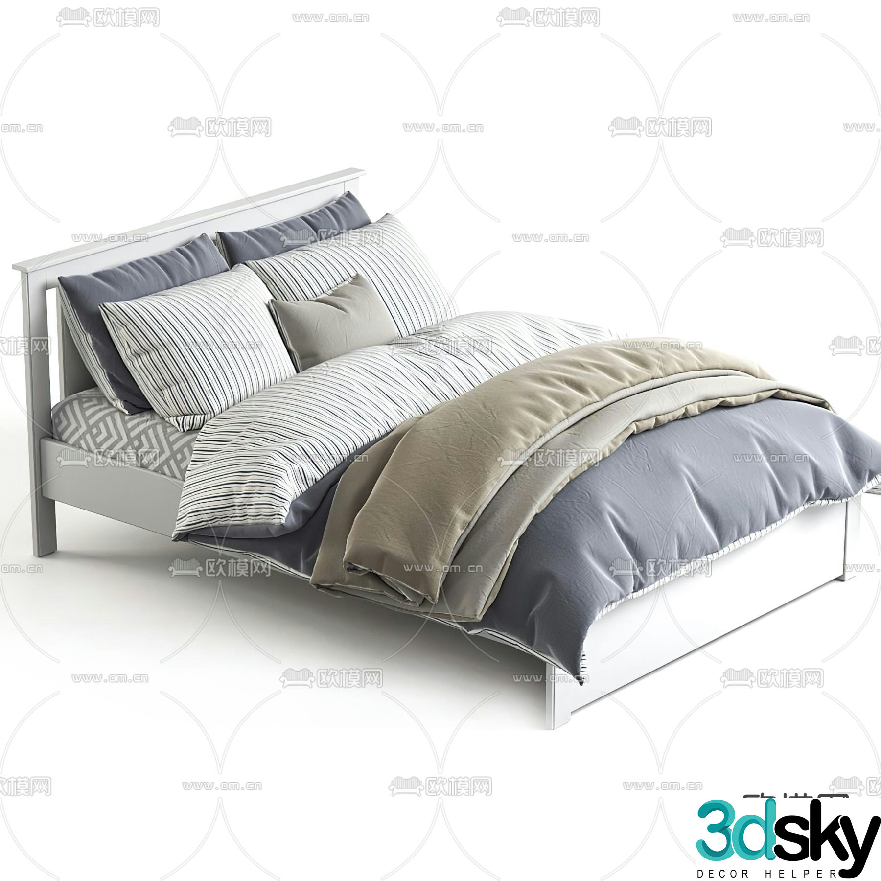 Nordic double bed solid wood bed 3d model