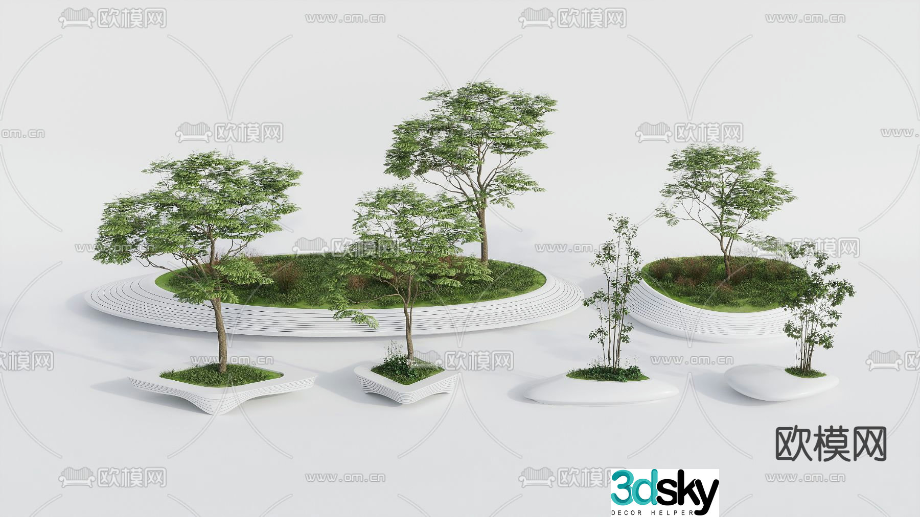 tree pond landscape green plants flower pond 3d model