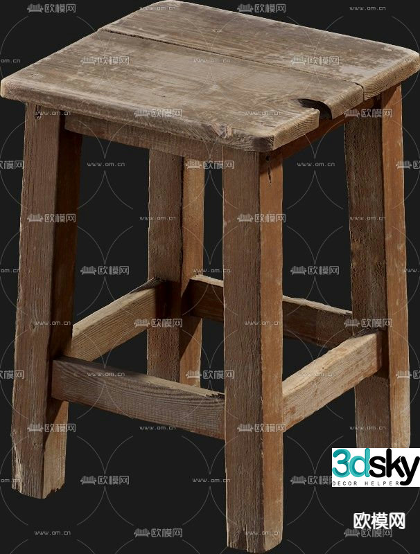 Old solid wood stool 3d model