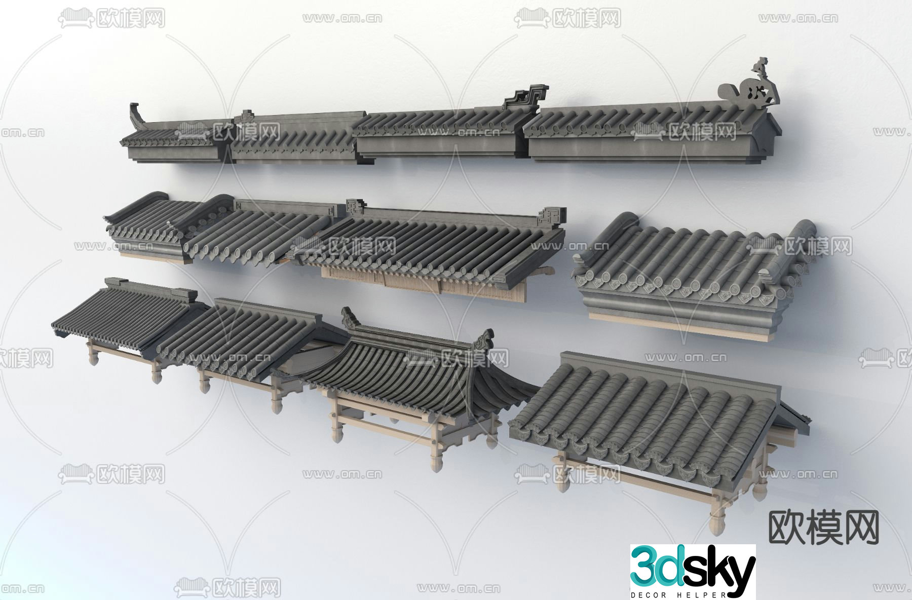 Chinese eaves roof tile ridge 3d model