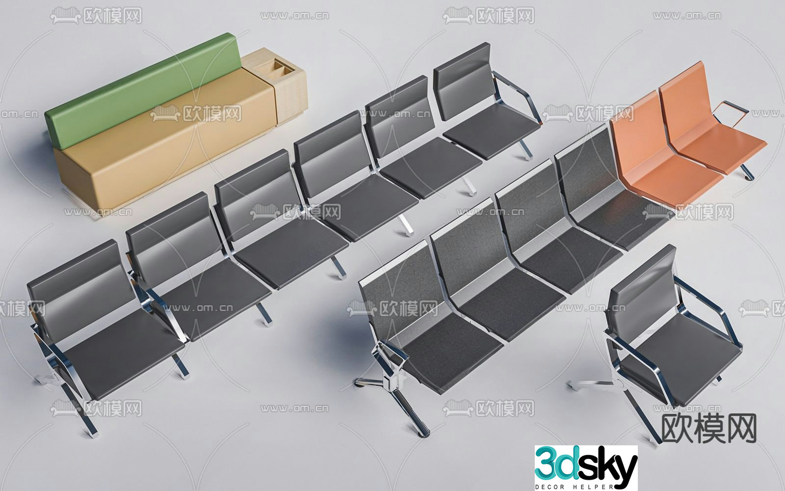 Public benches lobby lounge chairs lobby row chairs waiting chairs 3D model