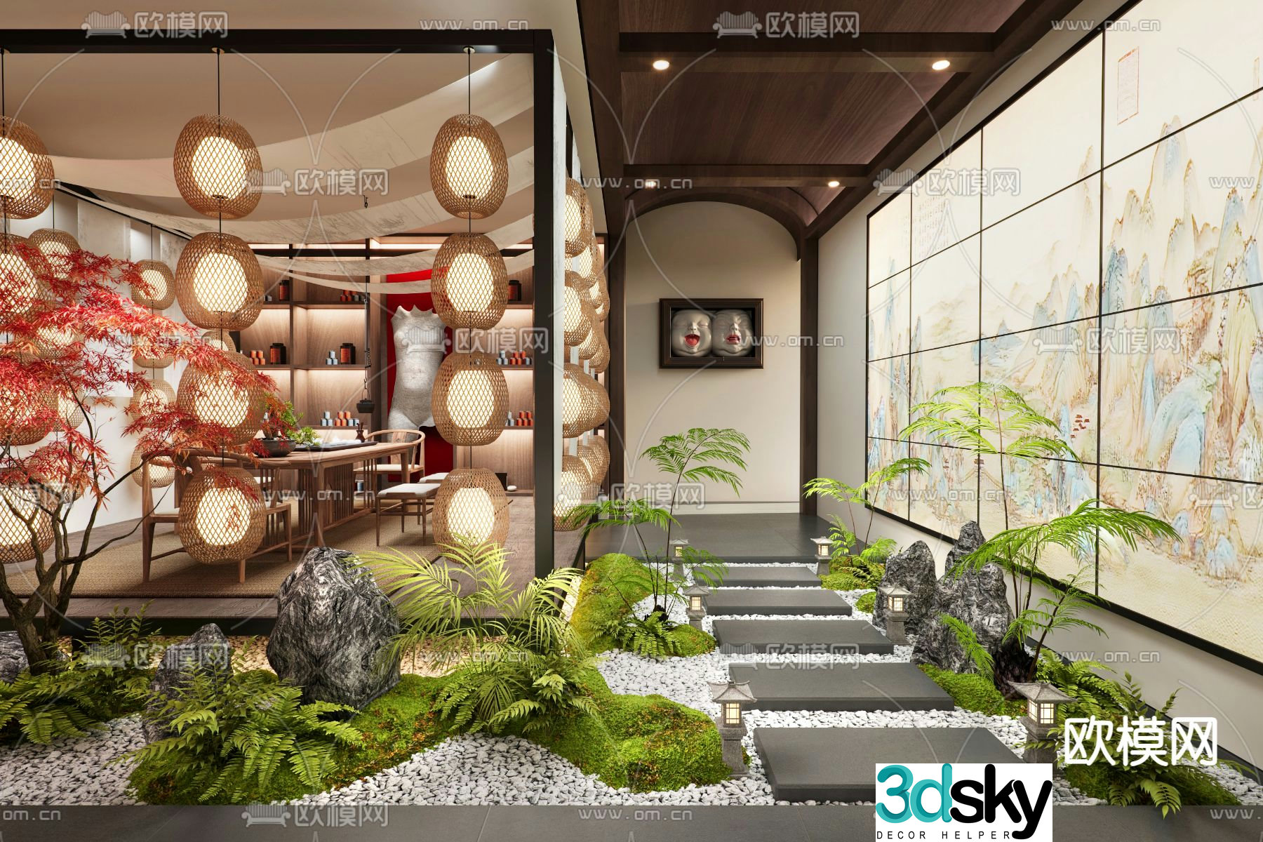 New Chinese style aisle interior landscape teahouse landscaping 3D model