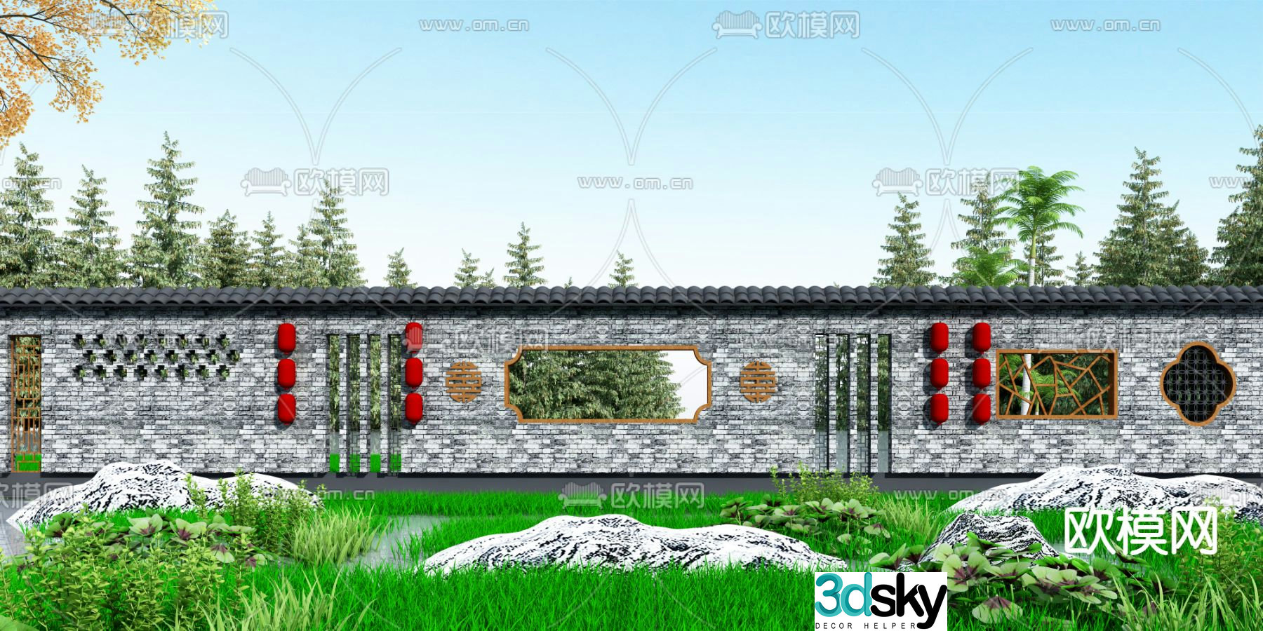 Chinese landscape wall sketch 3D model