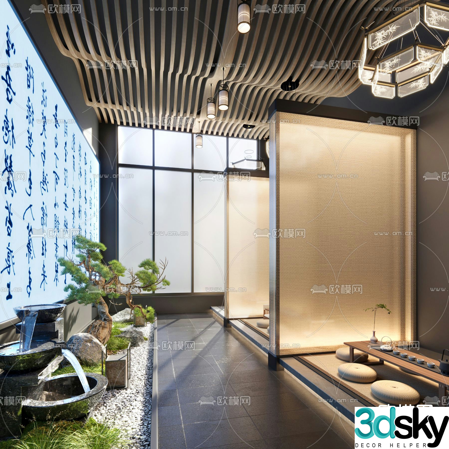New Chinese style aisle interior landscape teahouse landscaping 3D model