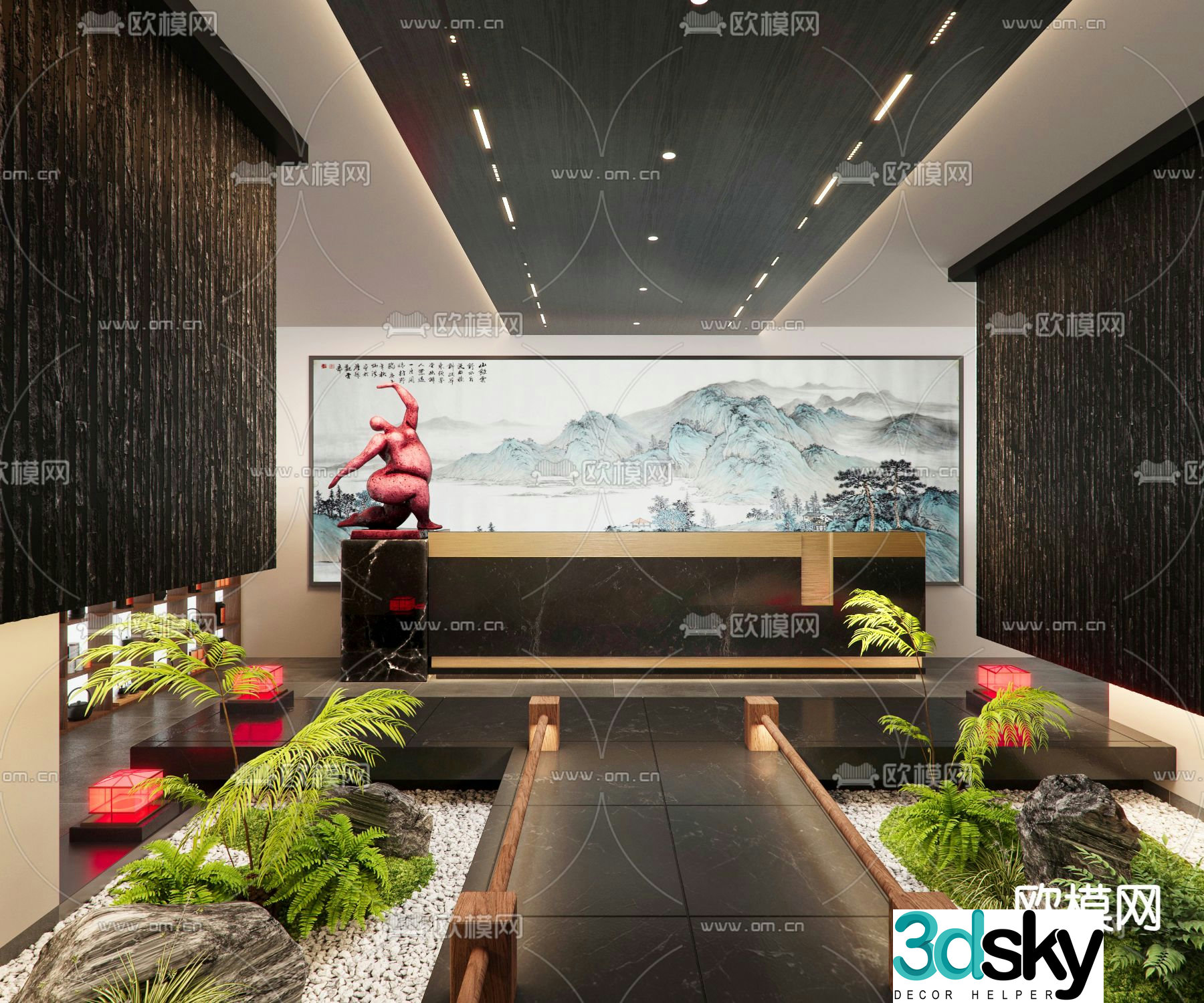 New Chinese style aisle interior landscape teahouse landscaping 3D model
