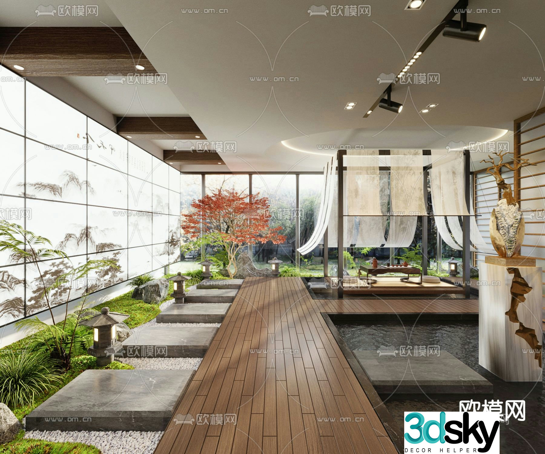 New Chinese style aisle interior landscape teahouse landscaping 3D model