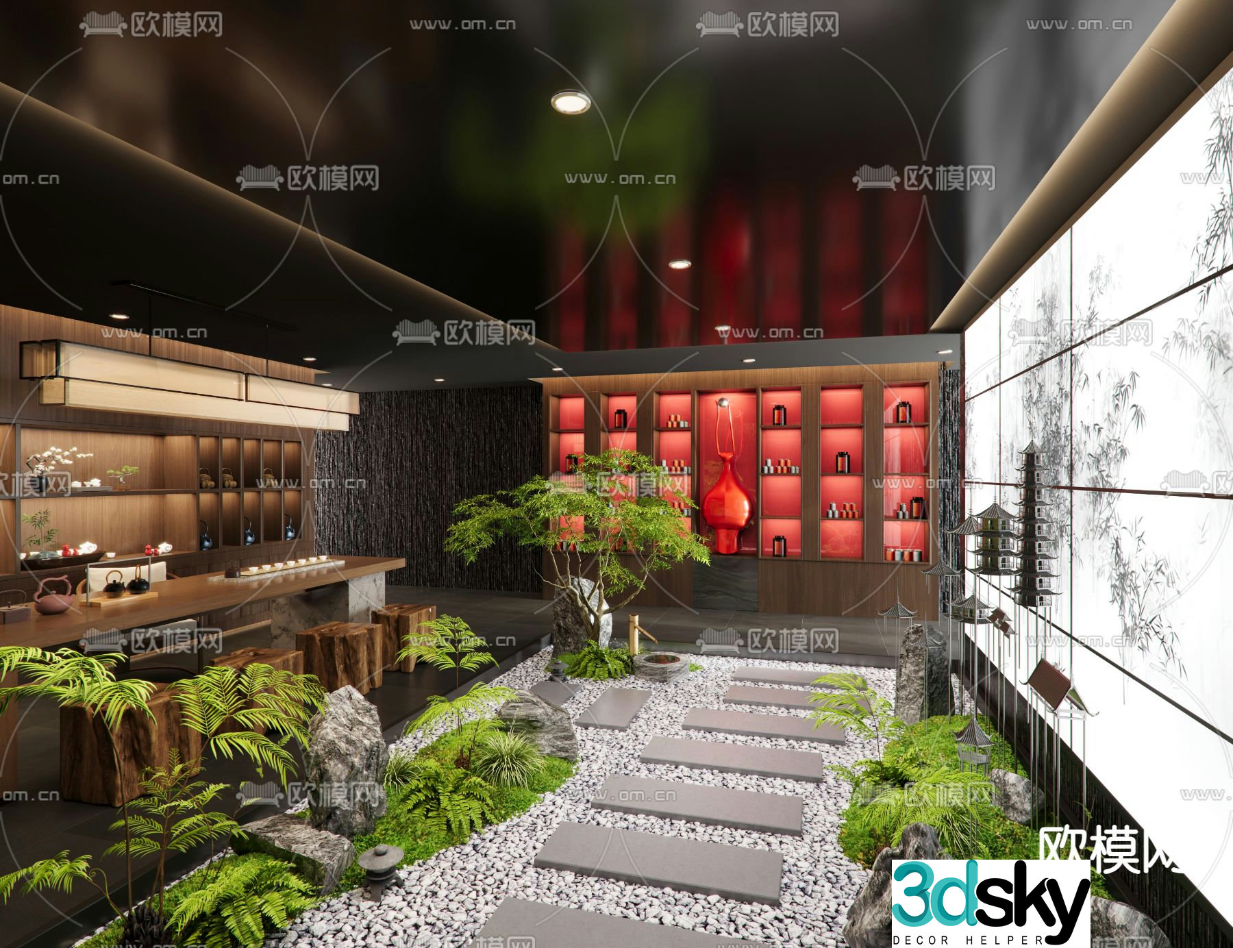 New Chinese style aisle interior landscape teahouse landscaping 3D model