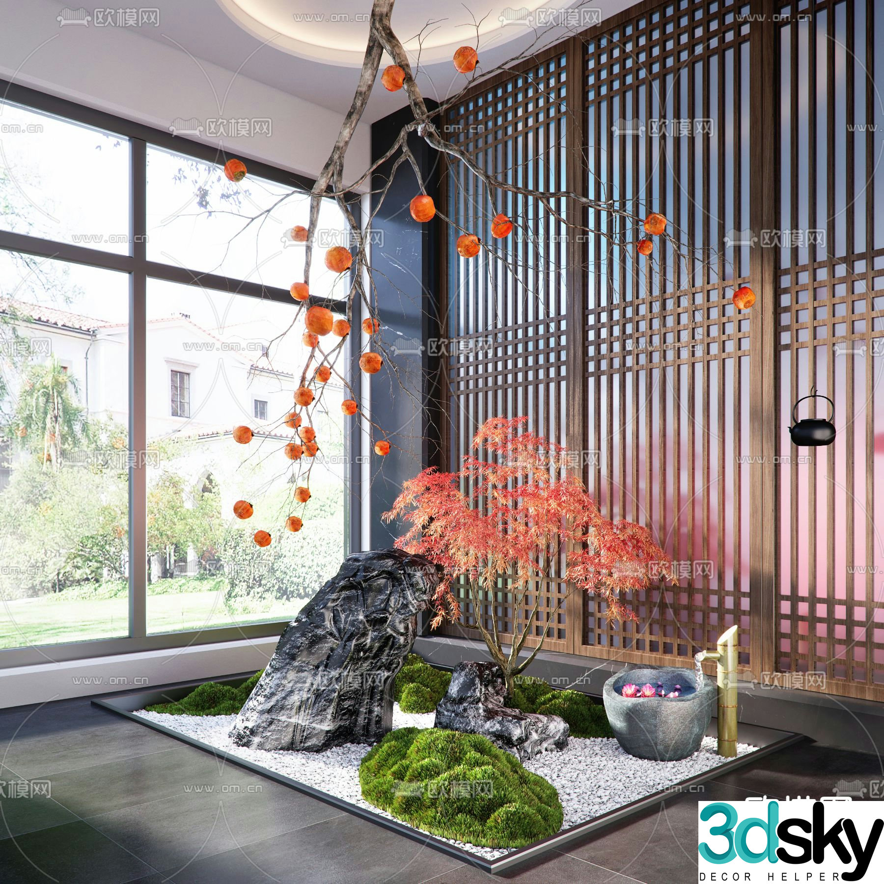 Indoor landscaping persimmon tree red maple sketch 3d model