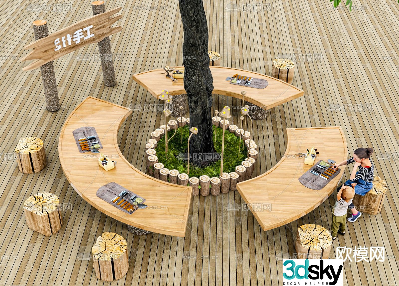 Landscape seat DIY handmade table tree pool seat 3D model