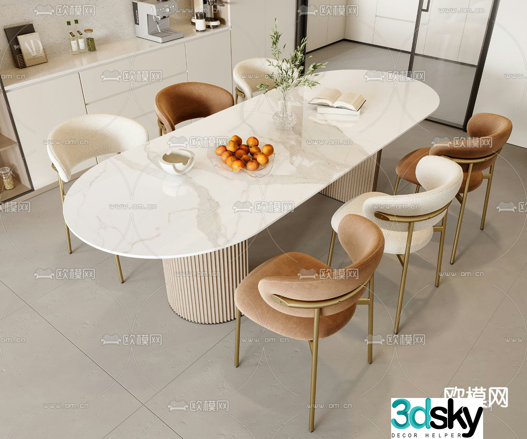 Cream style dining table and chairs 3d model