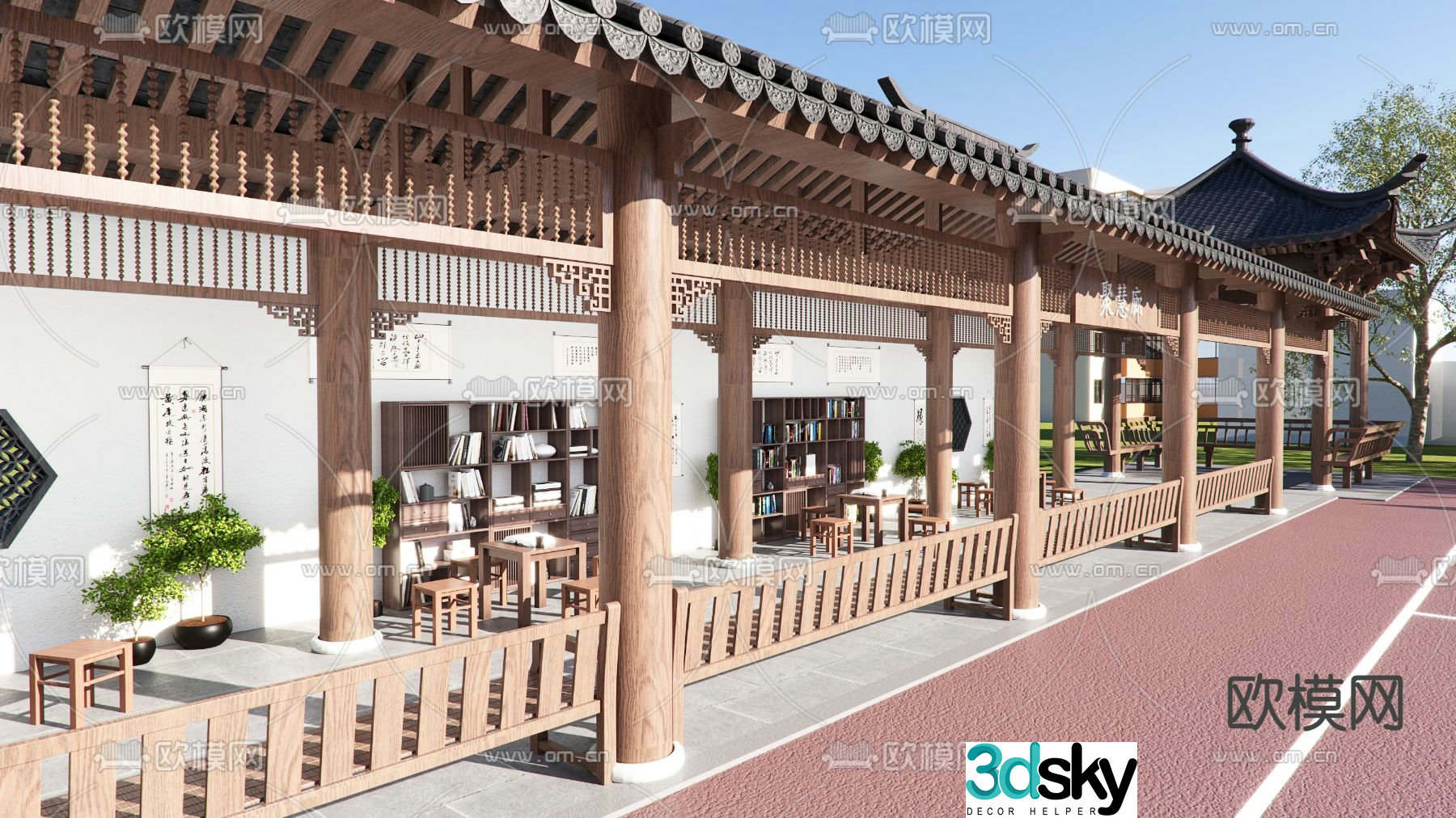 New Chinese style corridor landscape corridor 3D model
