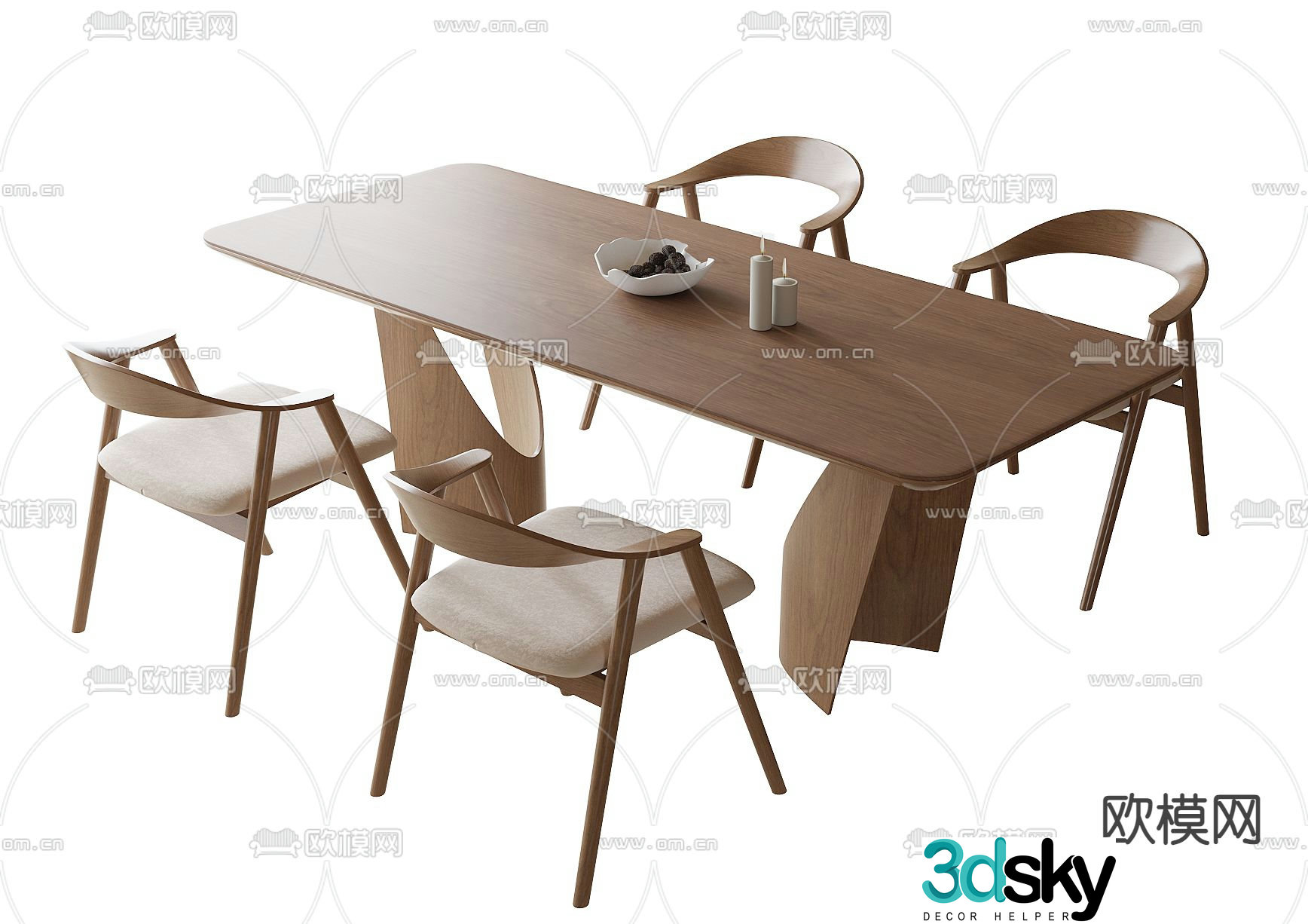Solid wood dining table and chairs 3d model