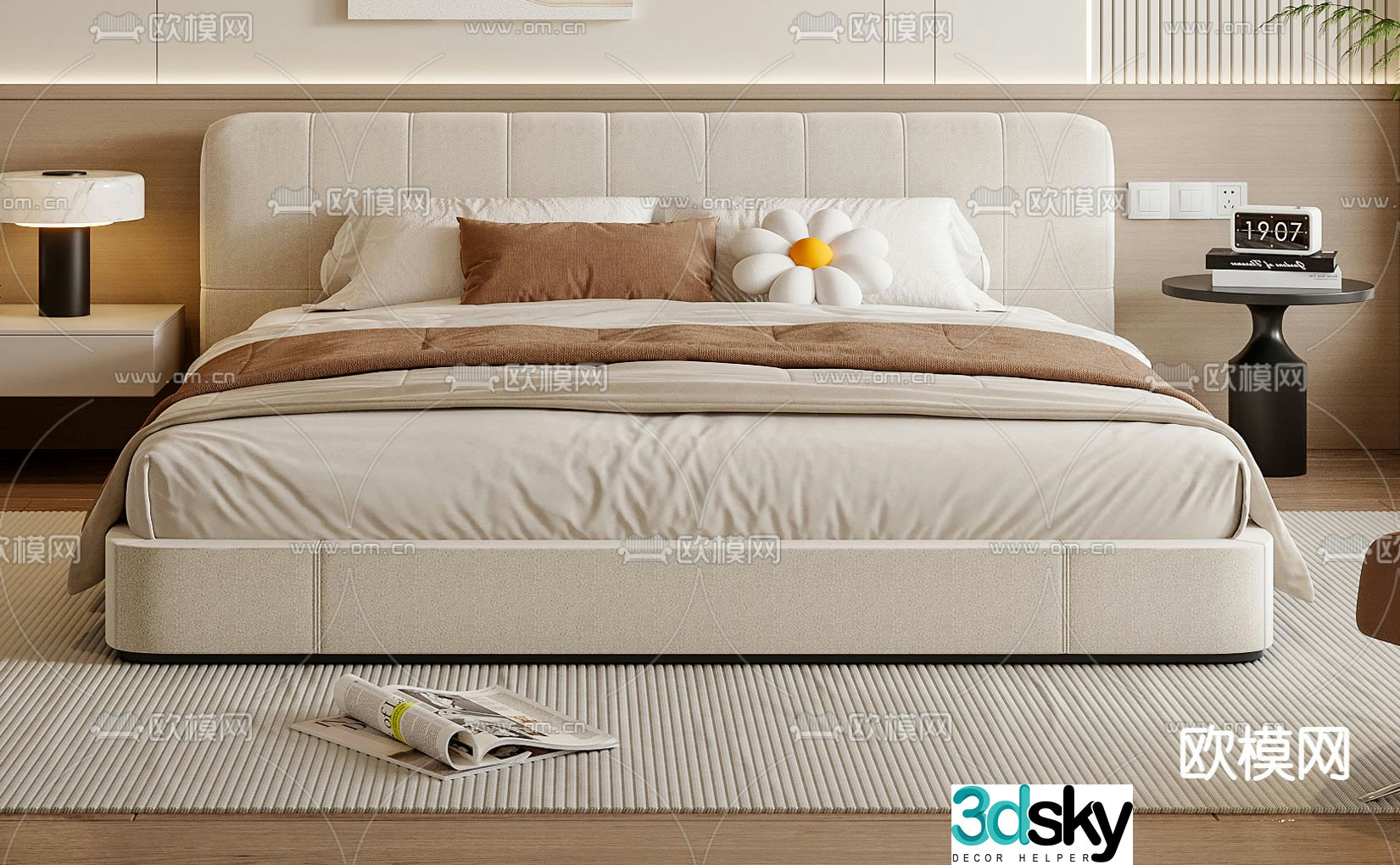 Cream style double bed 3d model