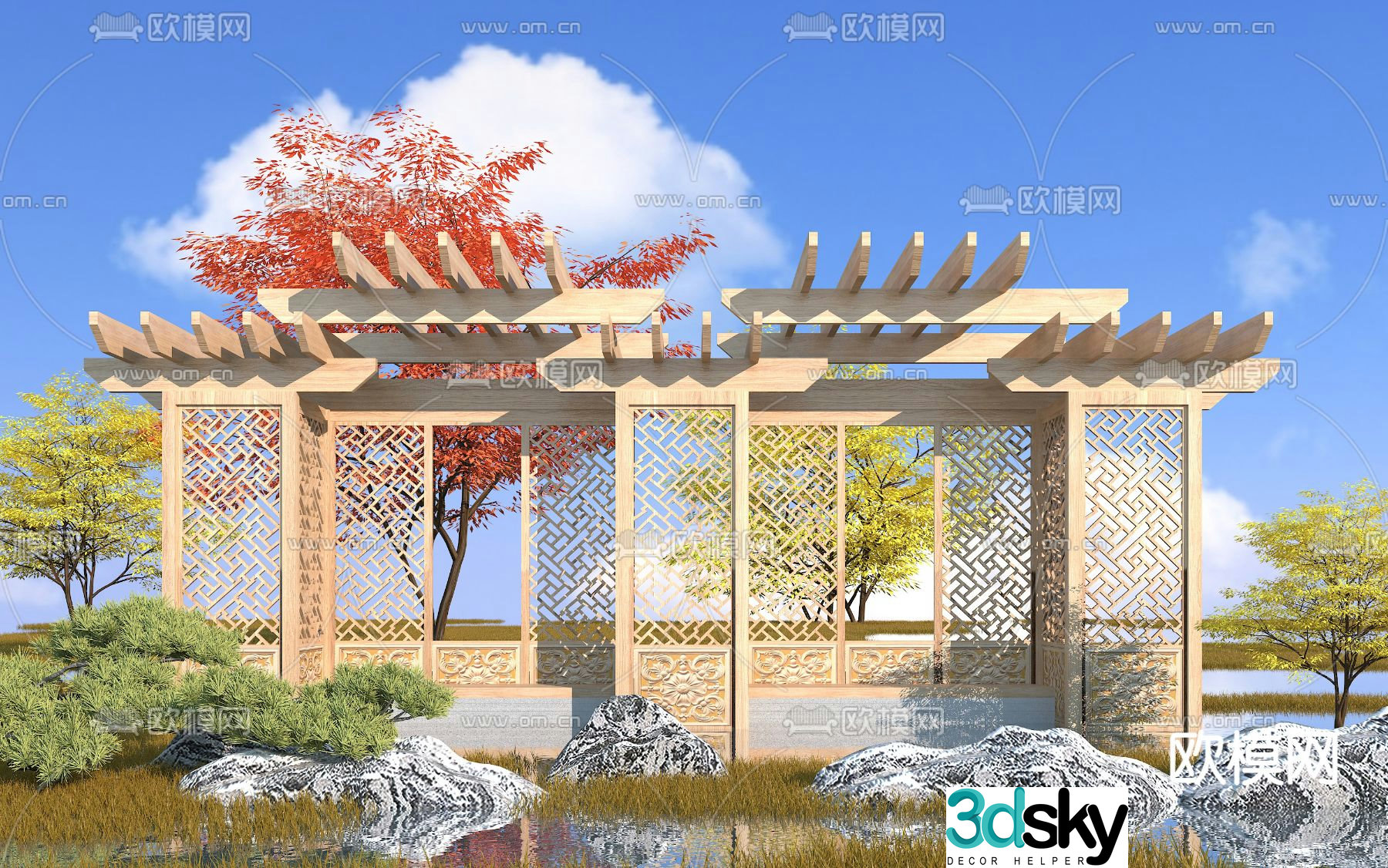 New Chinese style flower stand gallery Langfang 3D model