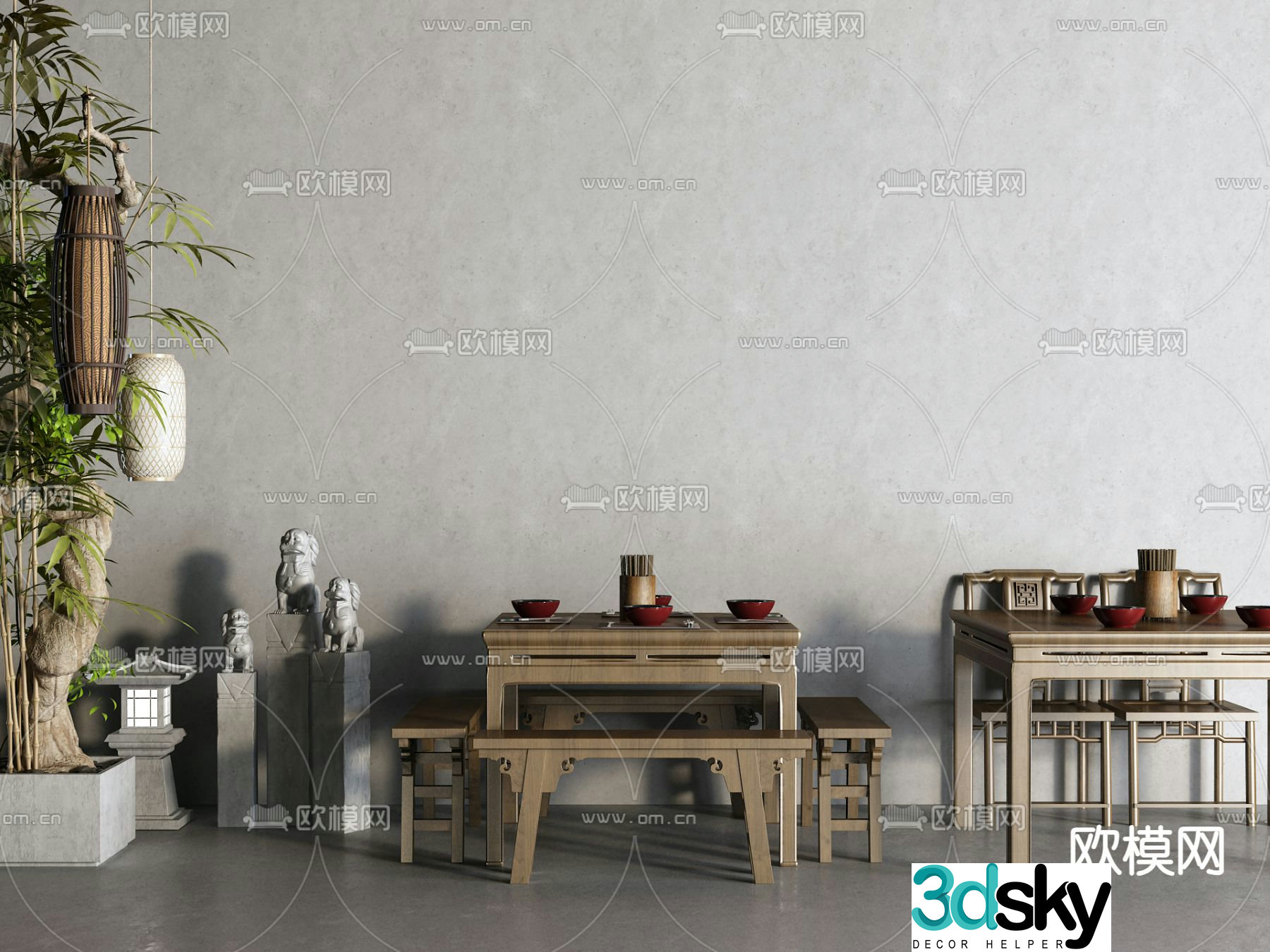 Chinese dining table and chairs Eight Immortals table 3D model