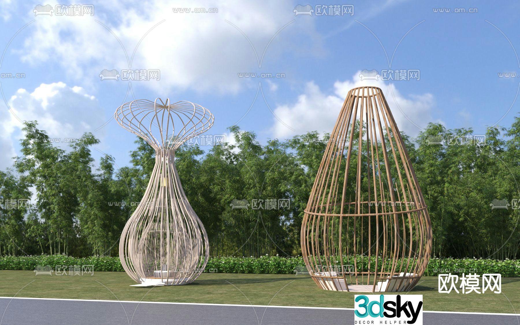 Modern special-shaped birdcage woven rattan and bamboo grille pavilion 3D model