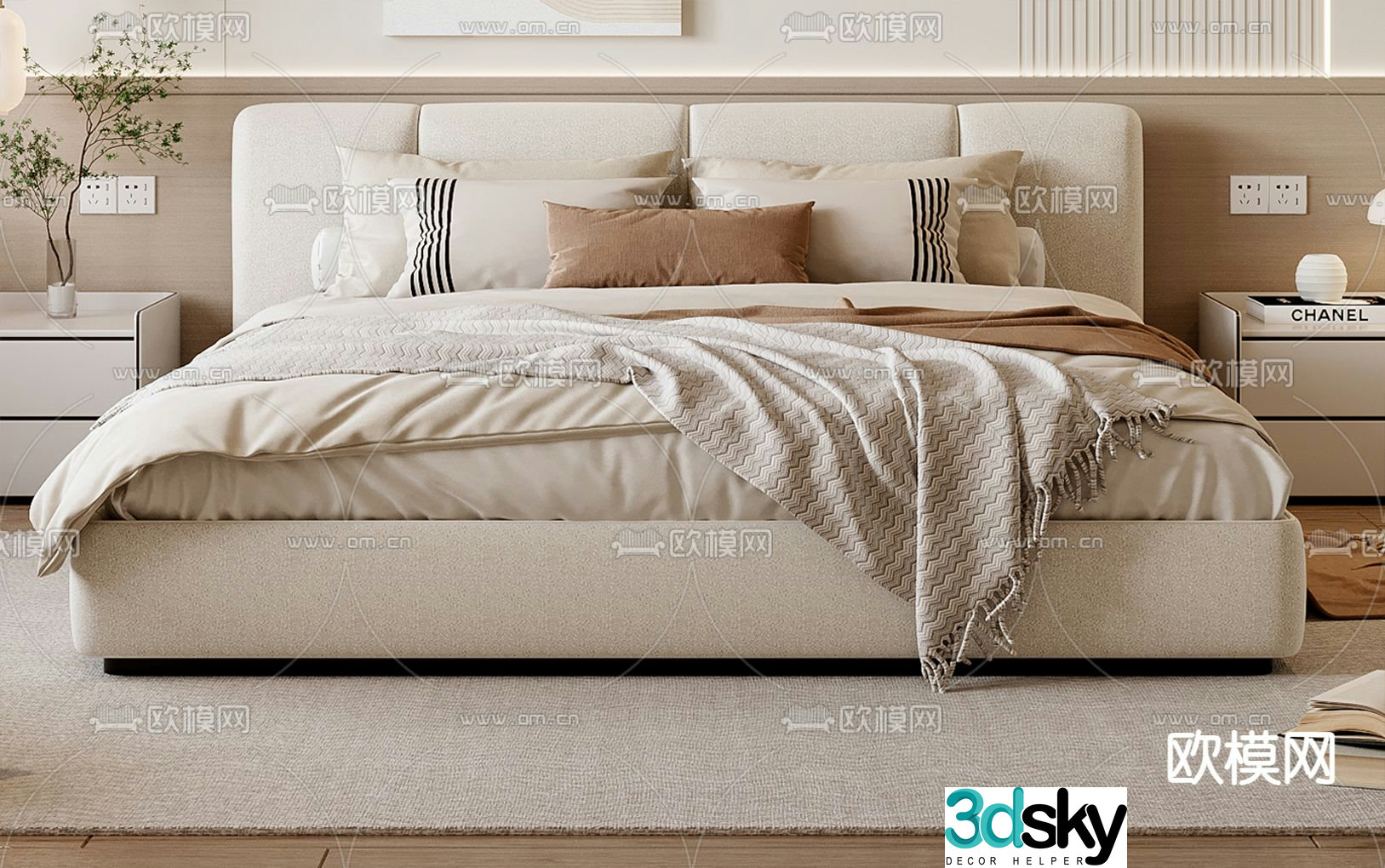 Cream style double bed 3d model