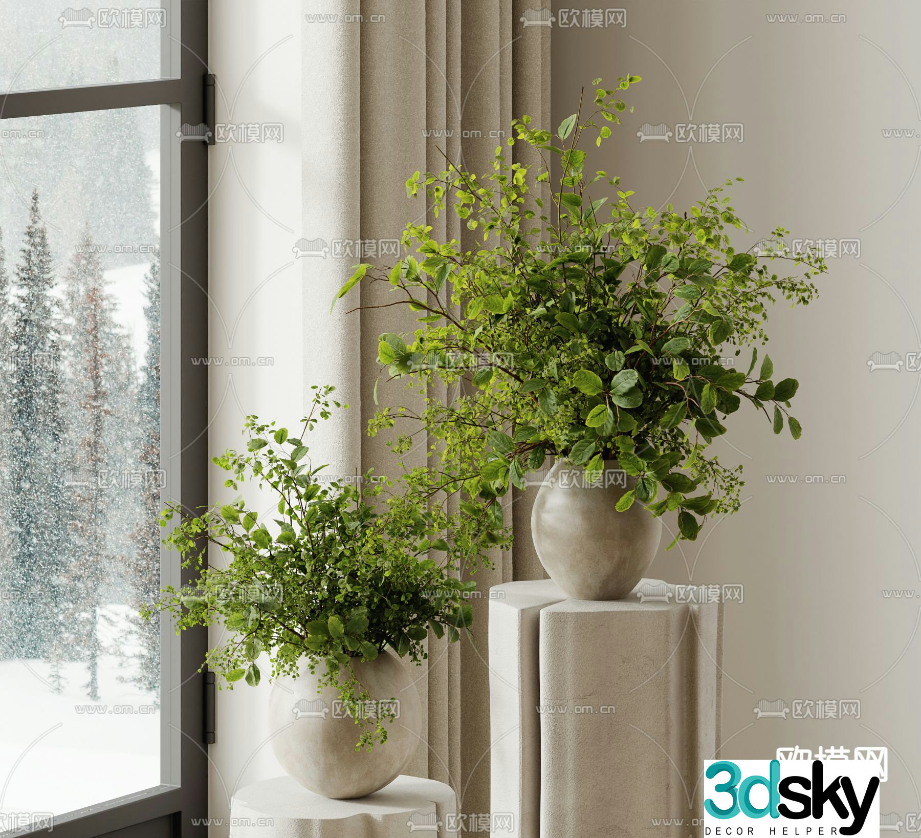 Clay pot vase flower art aquatic plants 3D model
