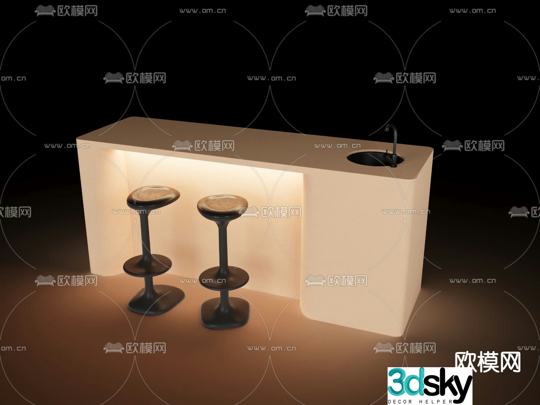 Cream style bar island table 3D model