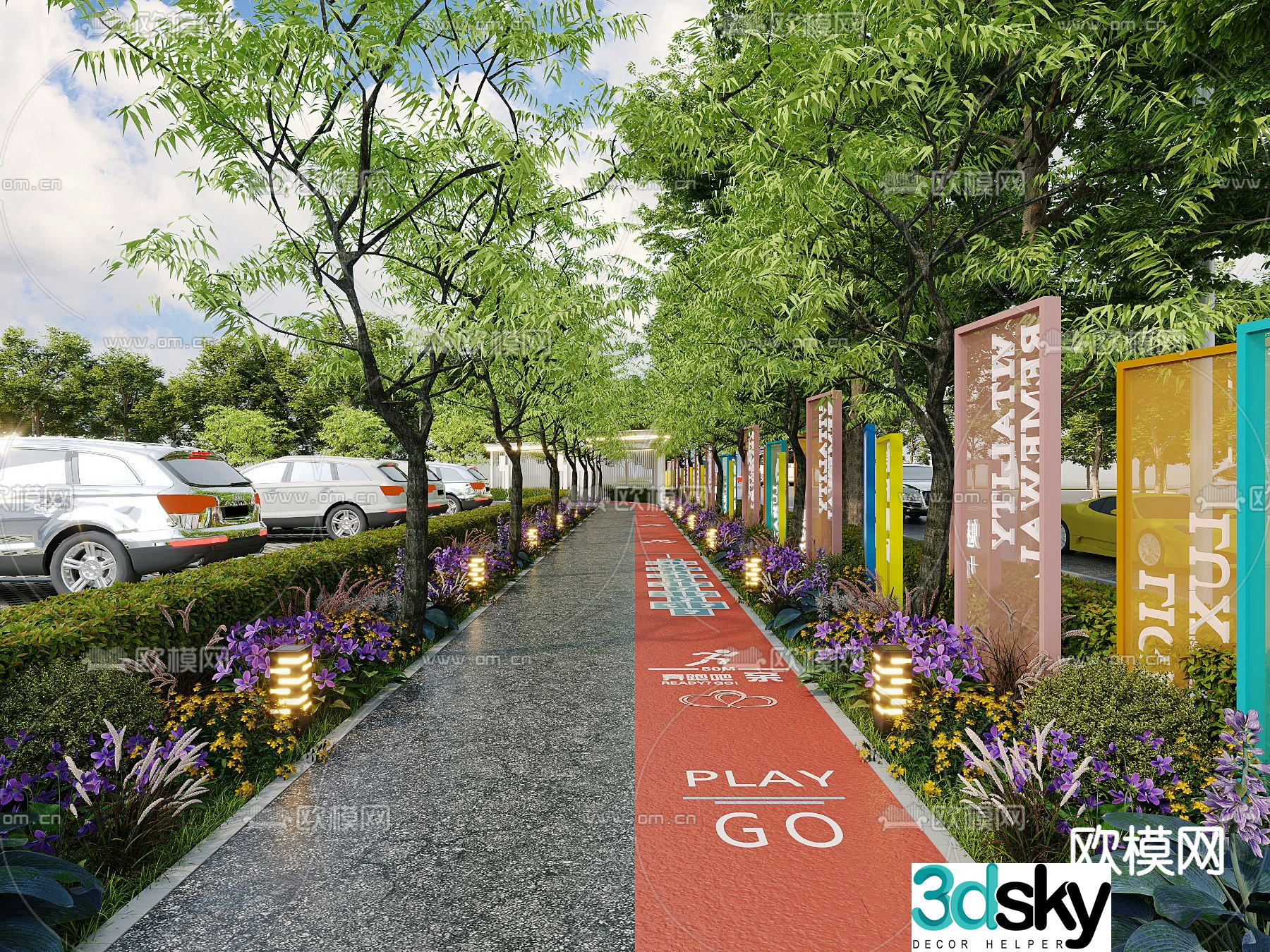tree lined path sidewalk 3d model