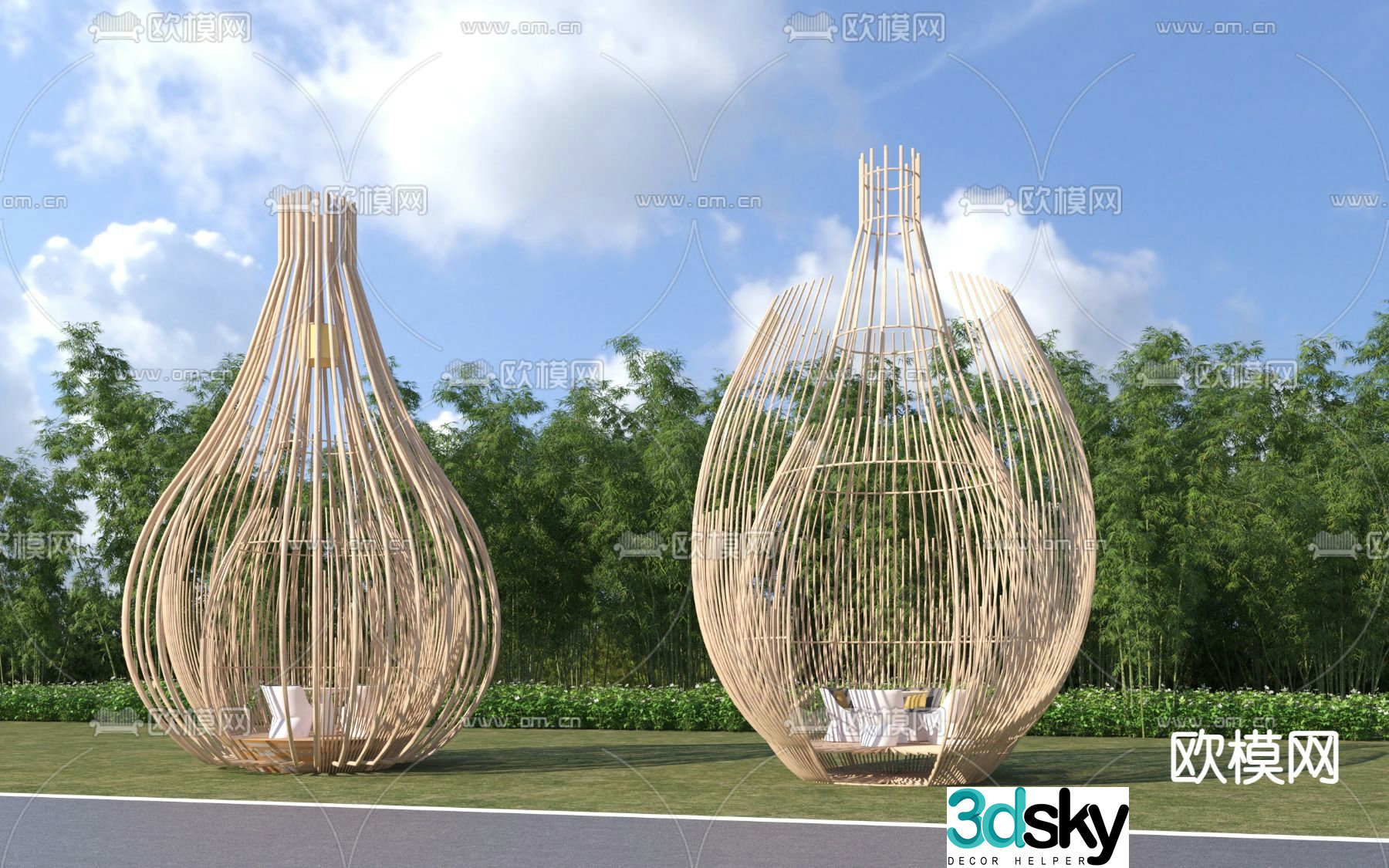 Modern special-shaped birdcage woven rattan and bamboo grille pavilion 3D model