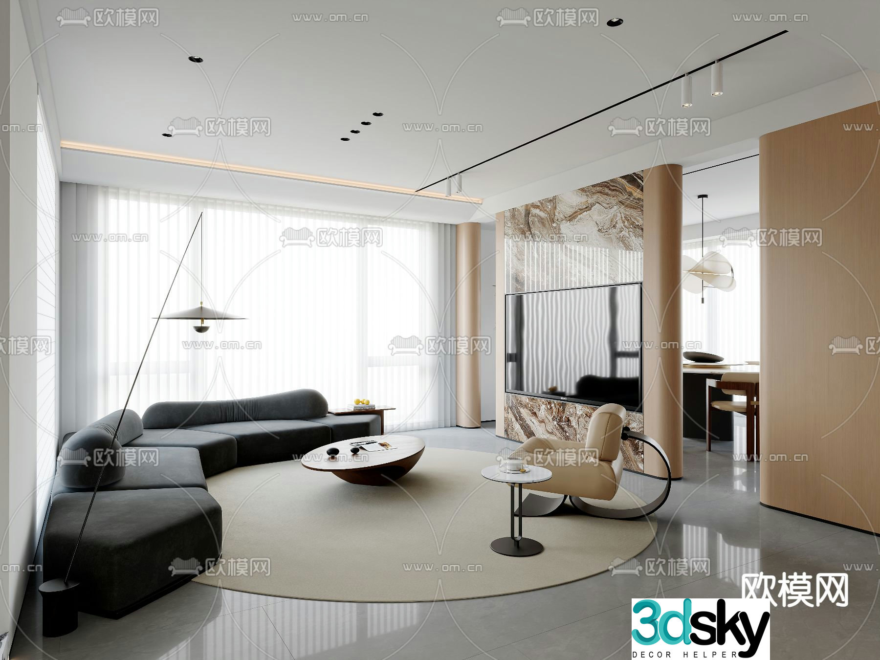 Modern living and dining room 3d model