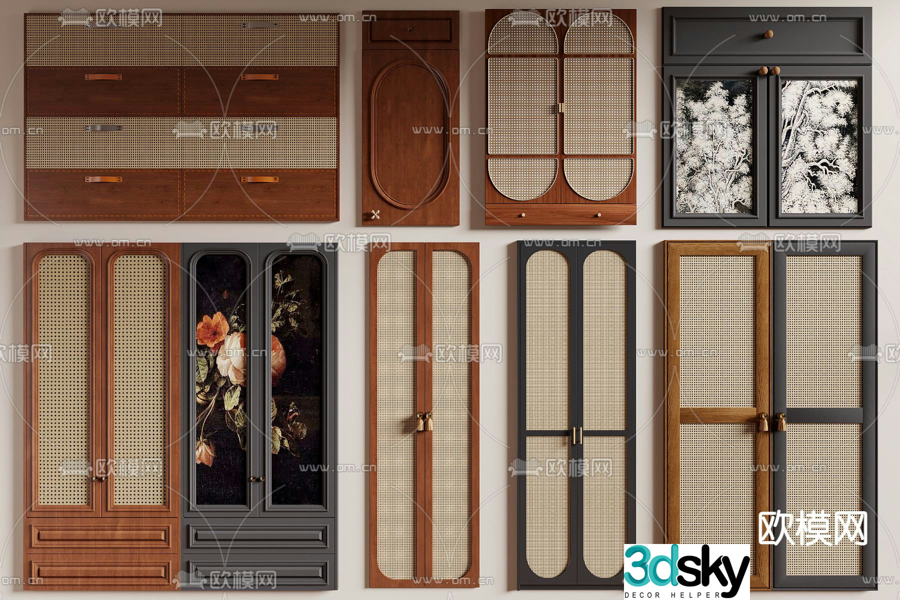Middle-aged door panel cabinet door rattan door 3D model