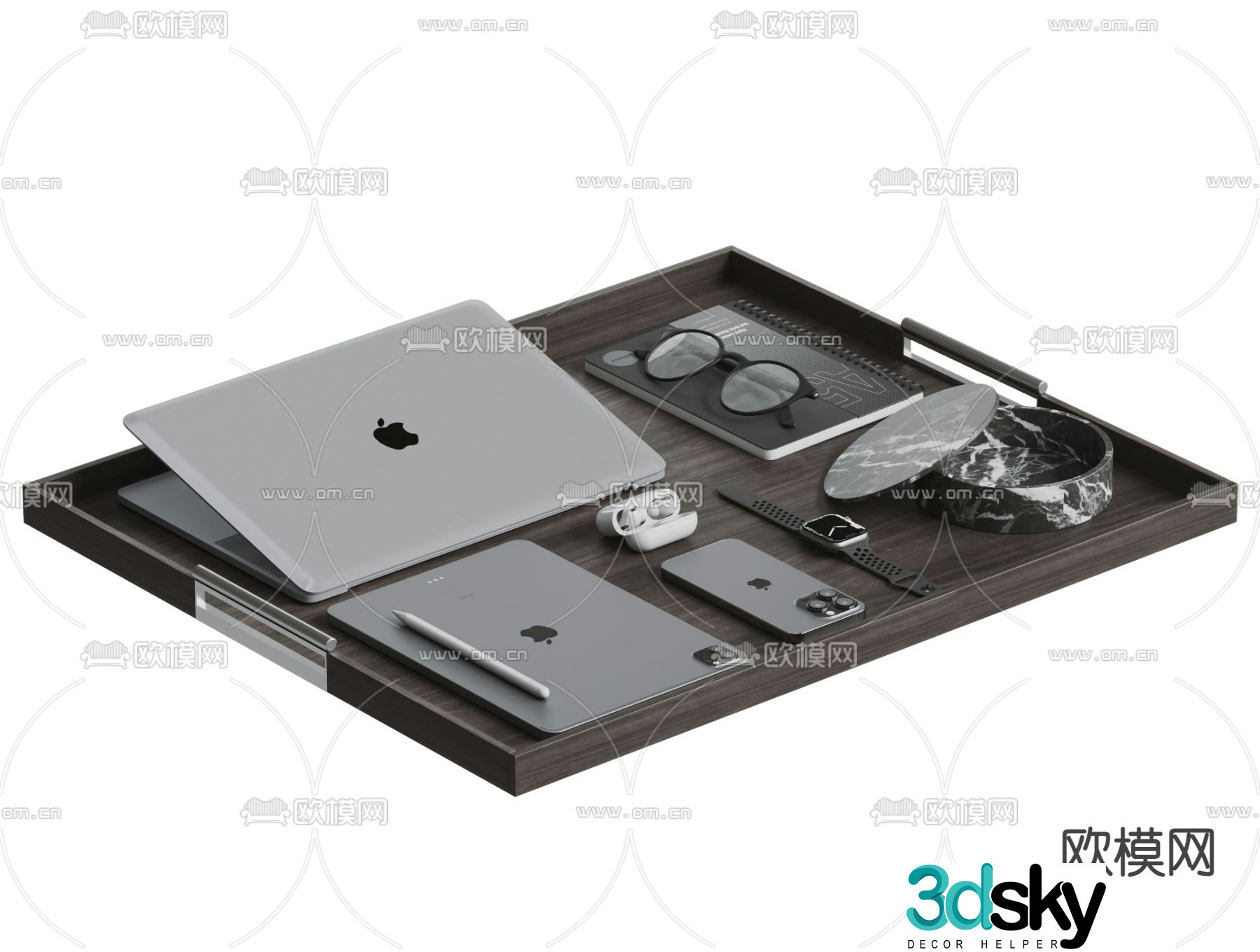 Desktop accessories Apple computer tablet mobile phone glasses 3d model
