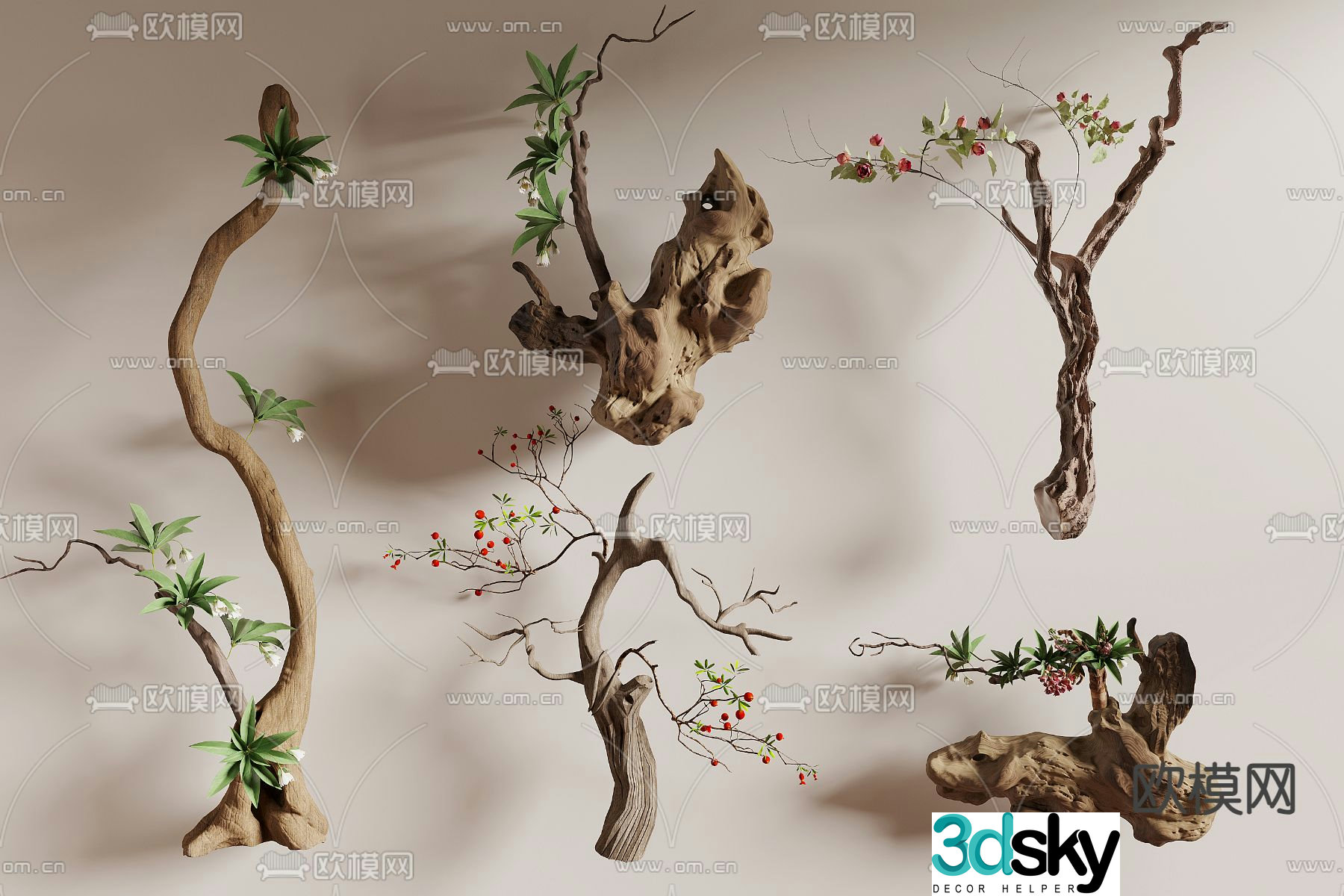 Modern dead wood and green plants landscape sketch 3D model