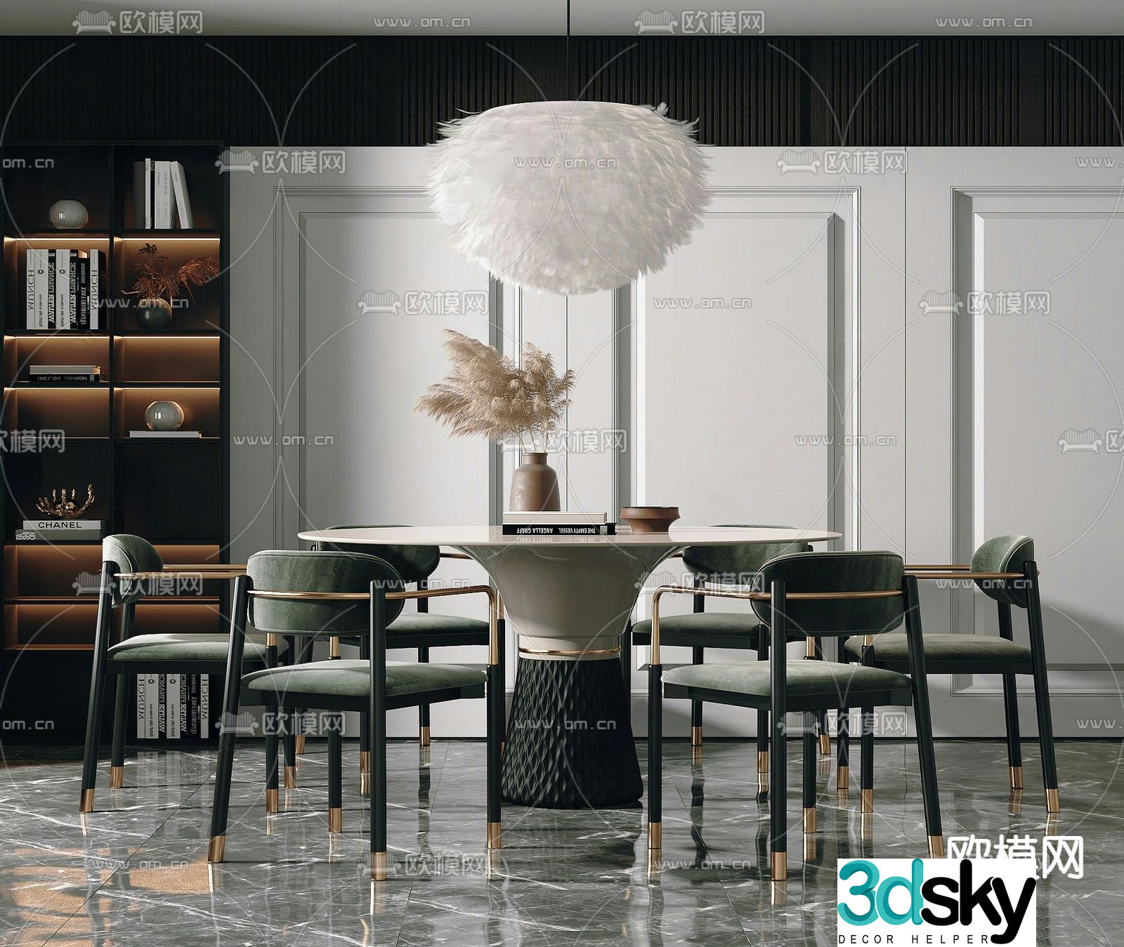 Light luxury dining table and chairs round dining table 3D model