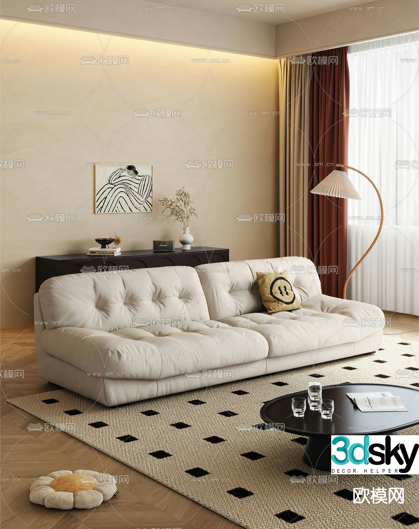 Cream style multi-person sofa 3d model