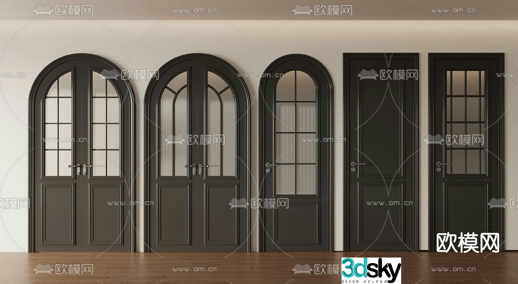 French glass door kitchen and bathroom door sliding door arched door 3d model