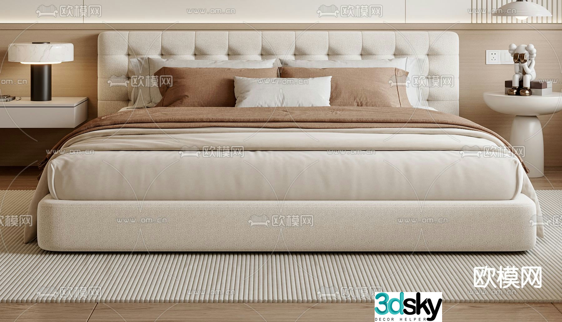 Cream style double bed 3d model