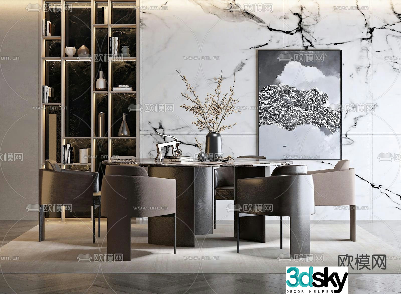 Round dining table and chairs slate dining table 3d model