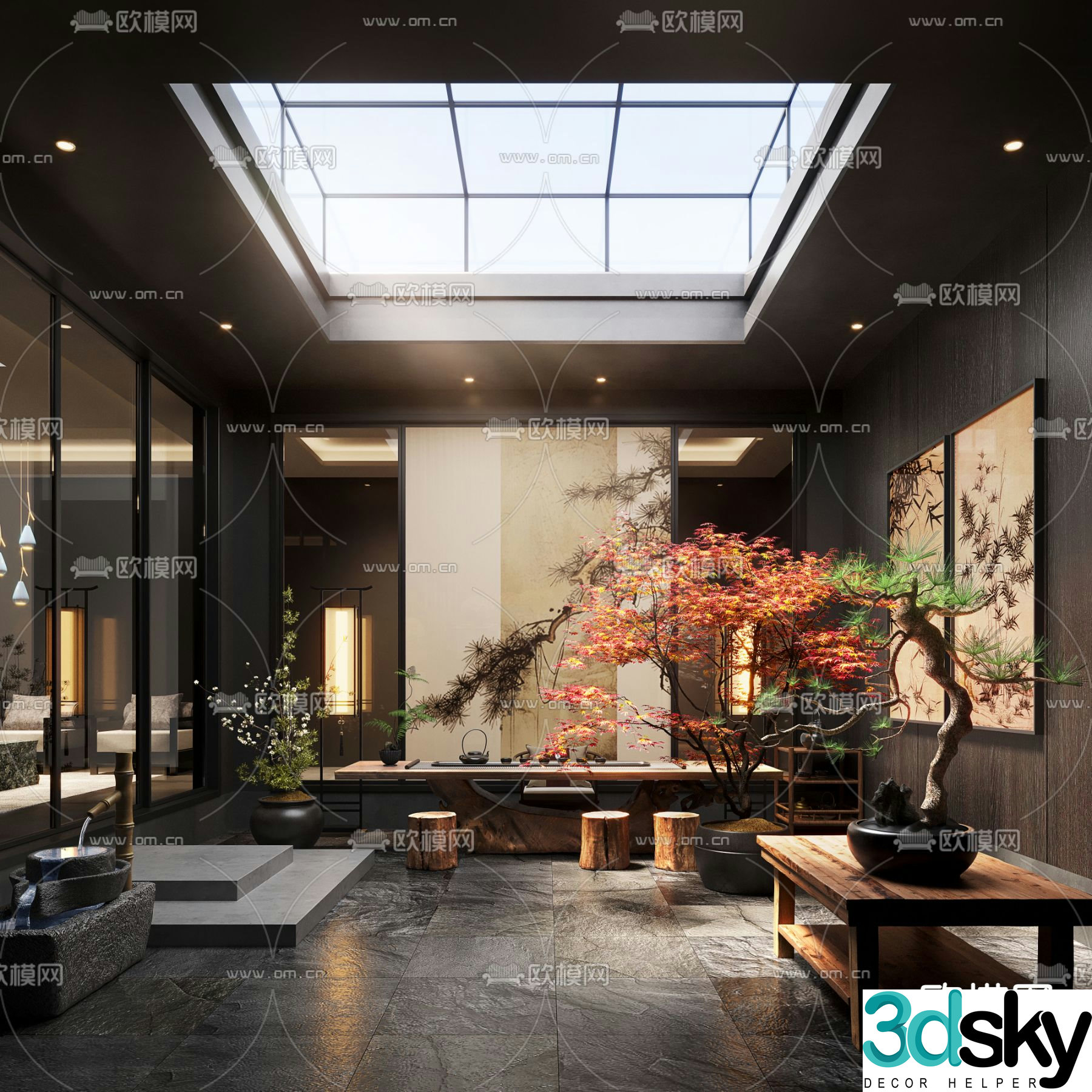 New Chinese Zen Patio Indoor Landscape 3D Model