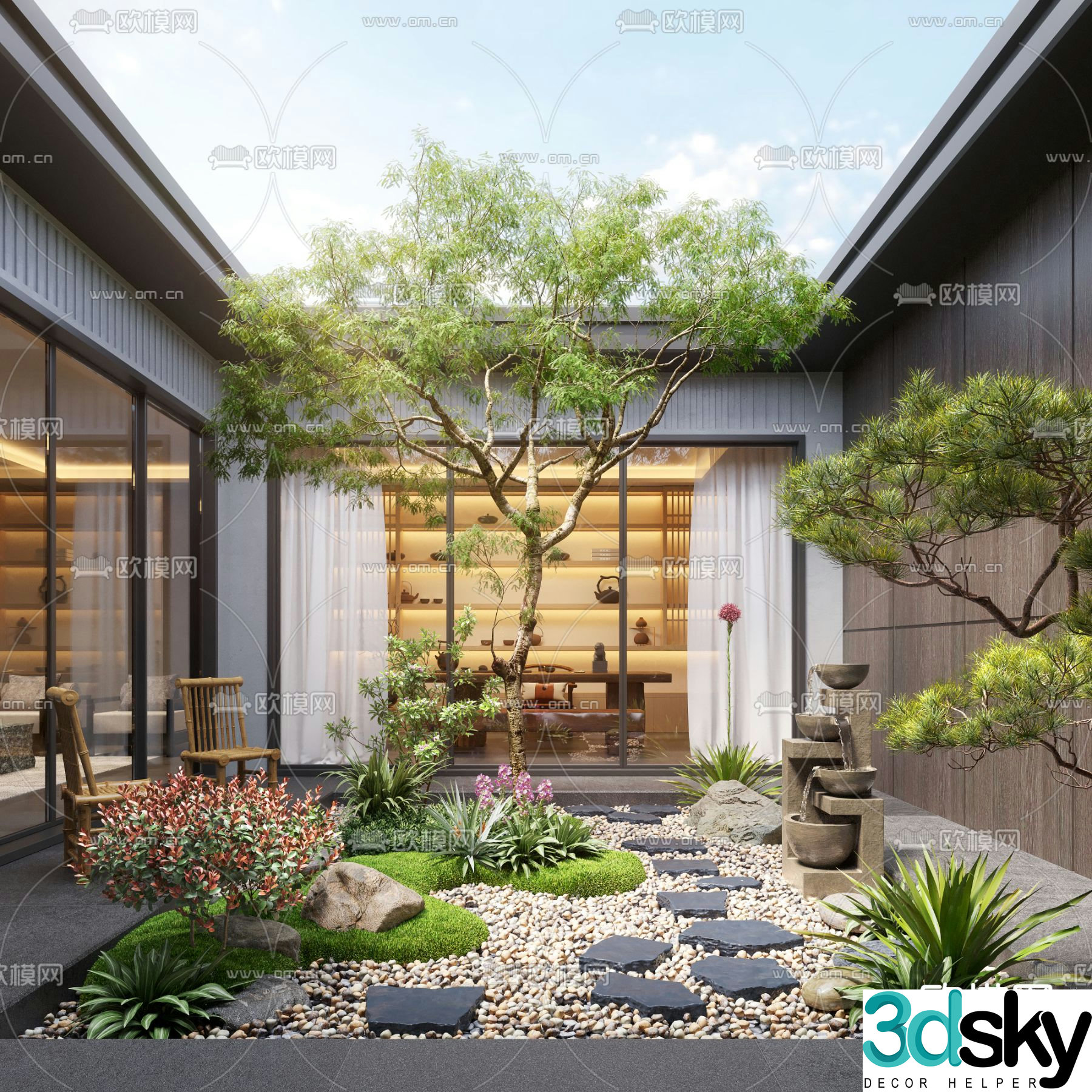 New Chinese style courtyard landscape moss landscape 3d model