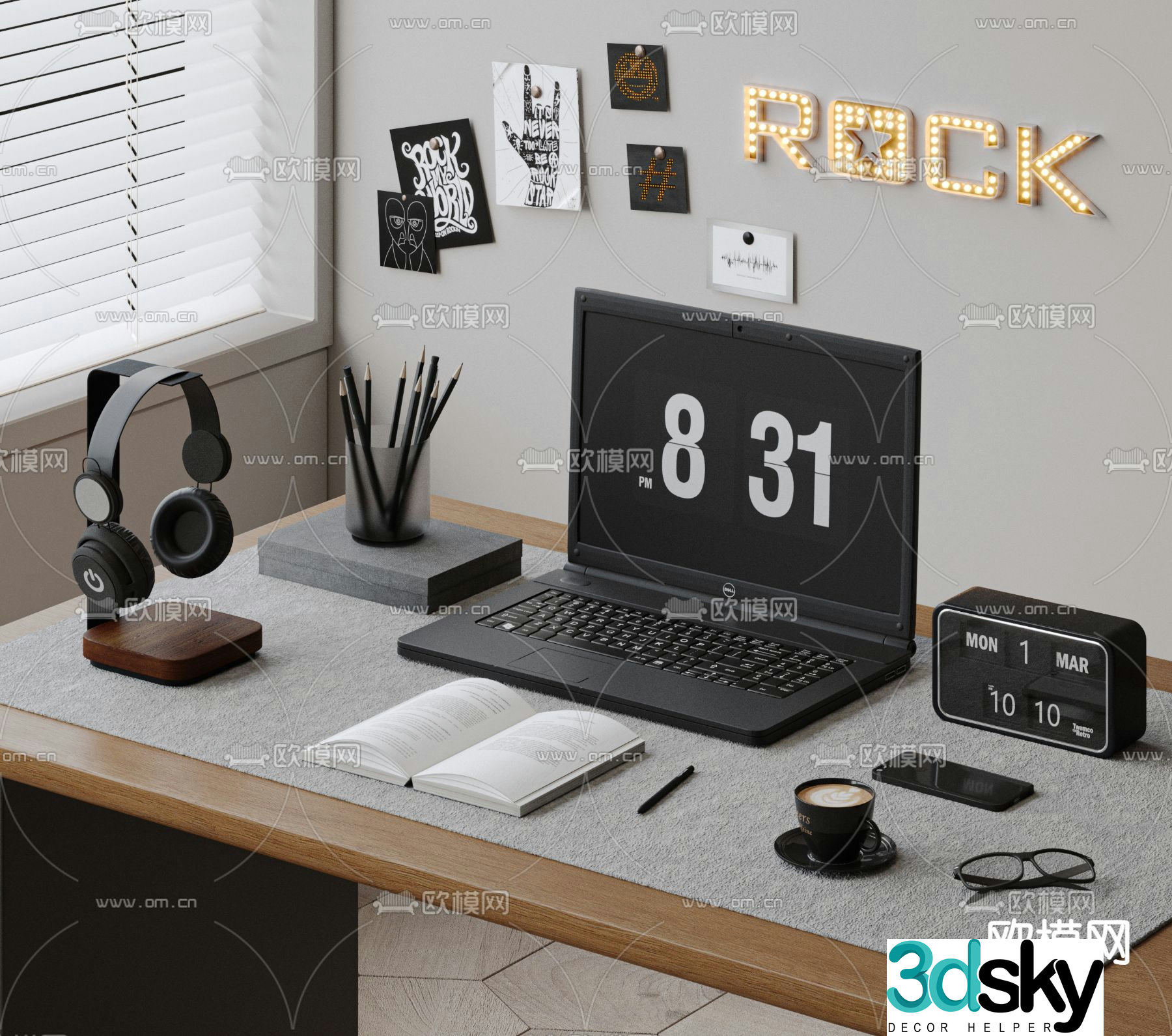 office supplies laptop headphones 3d model