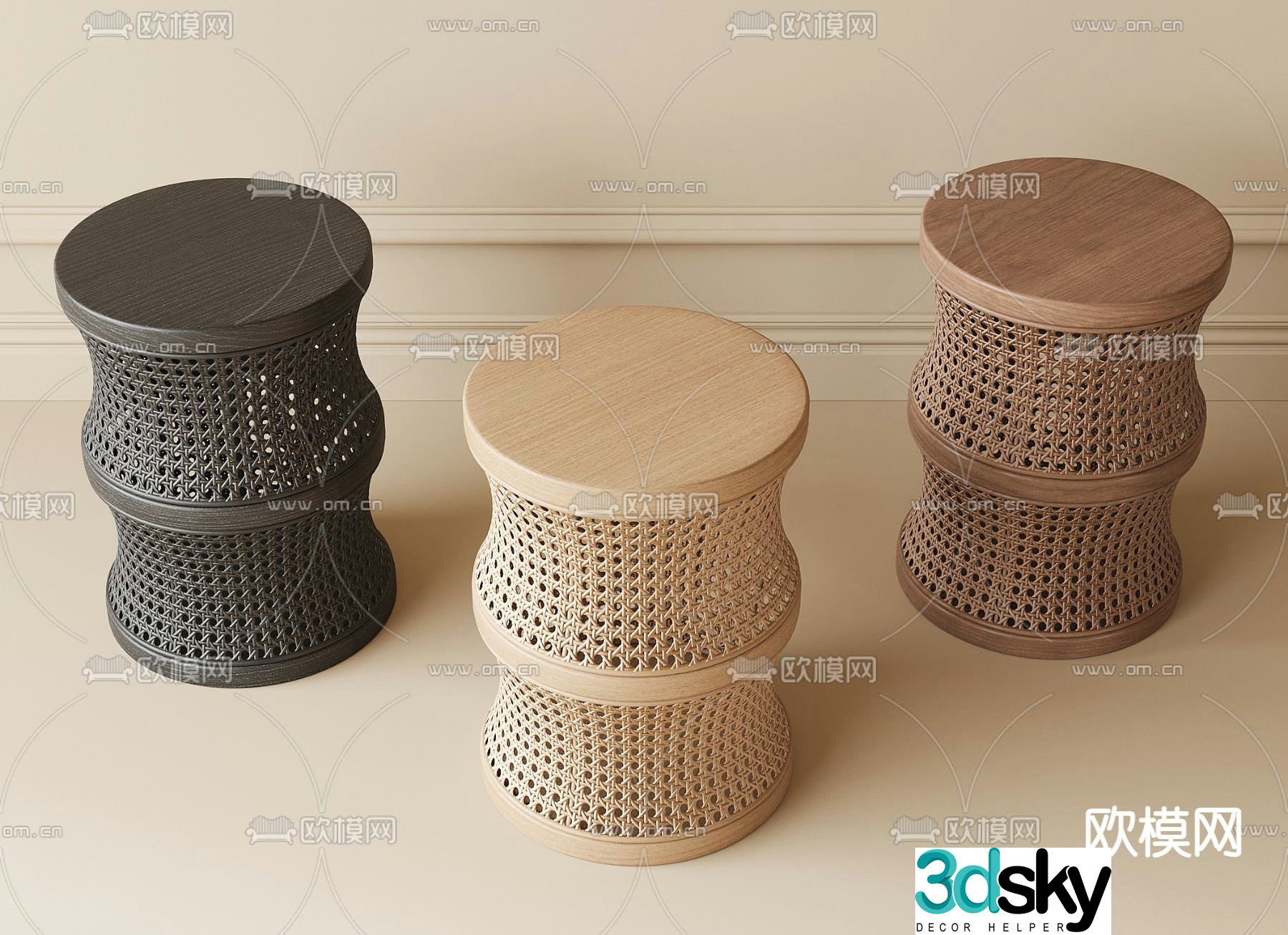 Modern rattan stool round stool 3d model